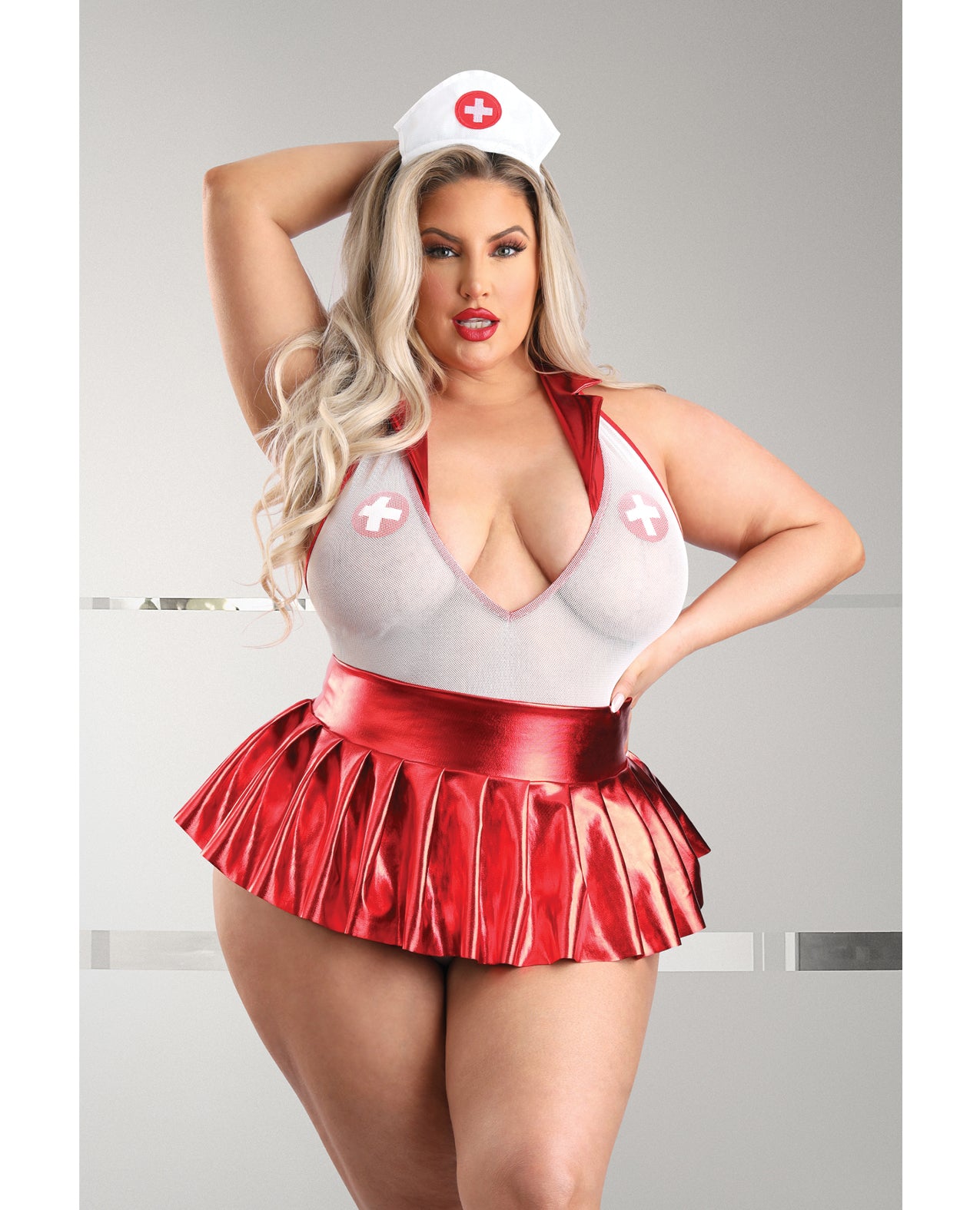 Pulse Check Collared Teddy, Skirt & Medic Hat Set - Red & White - Red & White 3X/4X