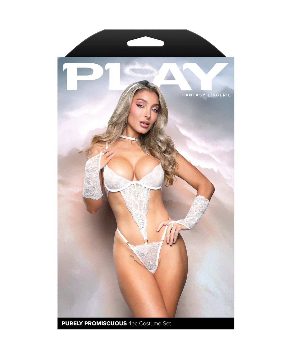 Sexy White Lace Angel Halloween Costume – Purely Promiscuous, Photo 3, S/M–L/XL Model
