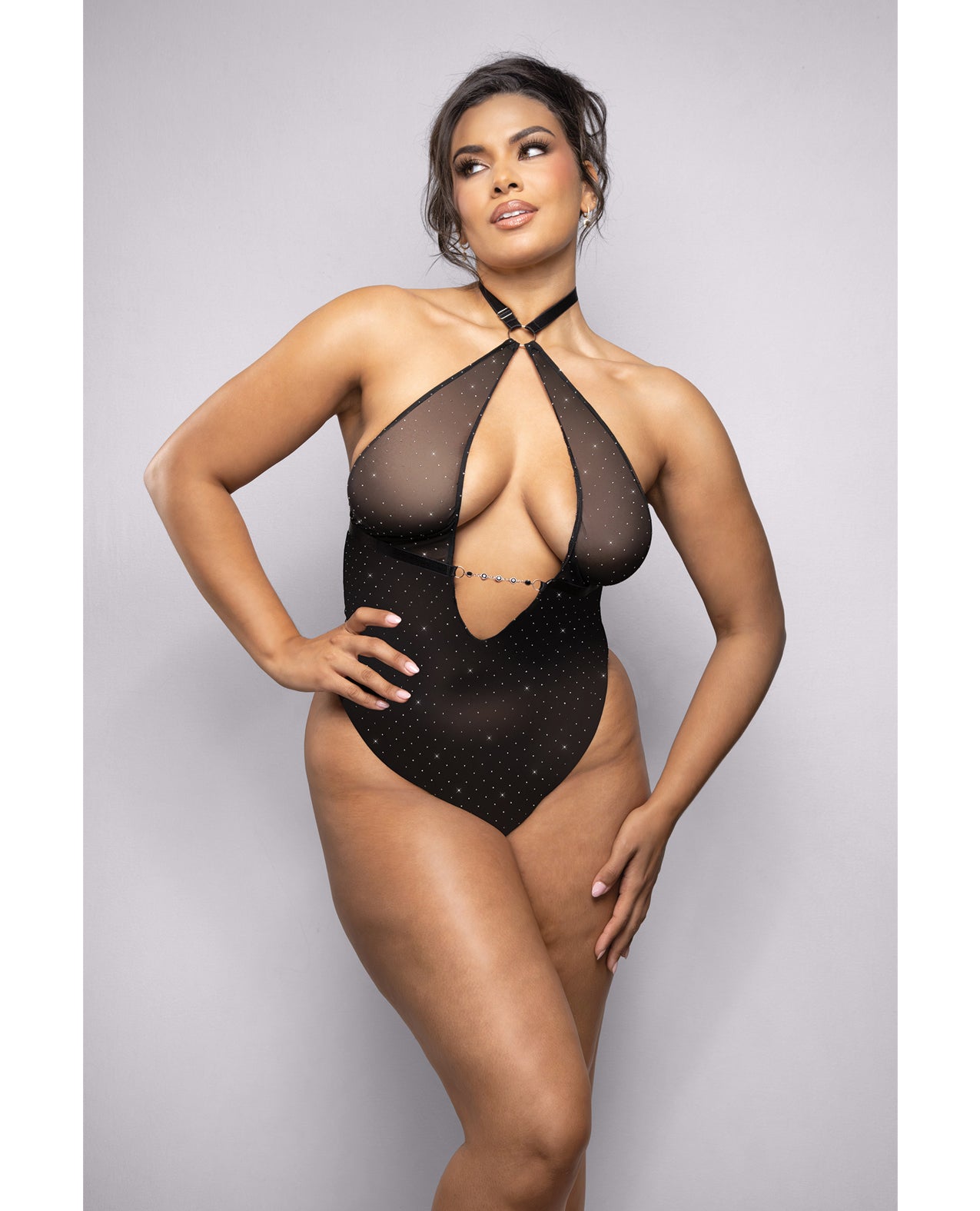 Radiance Rhinestone Mesh Halter Teddy - Black - Black 1X/2X