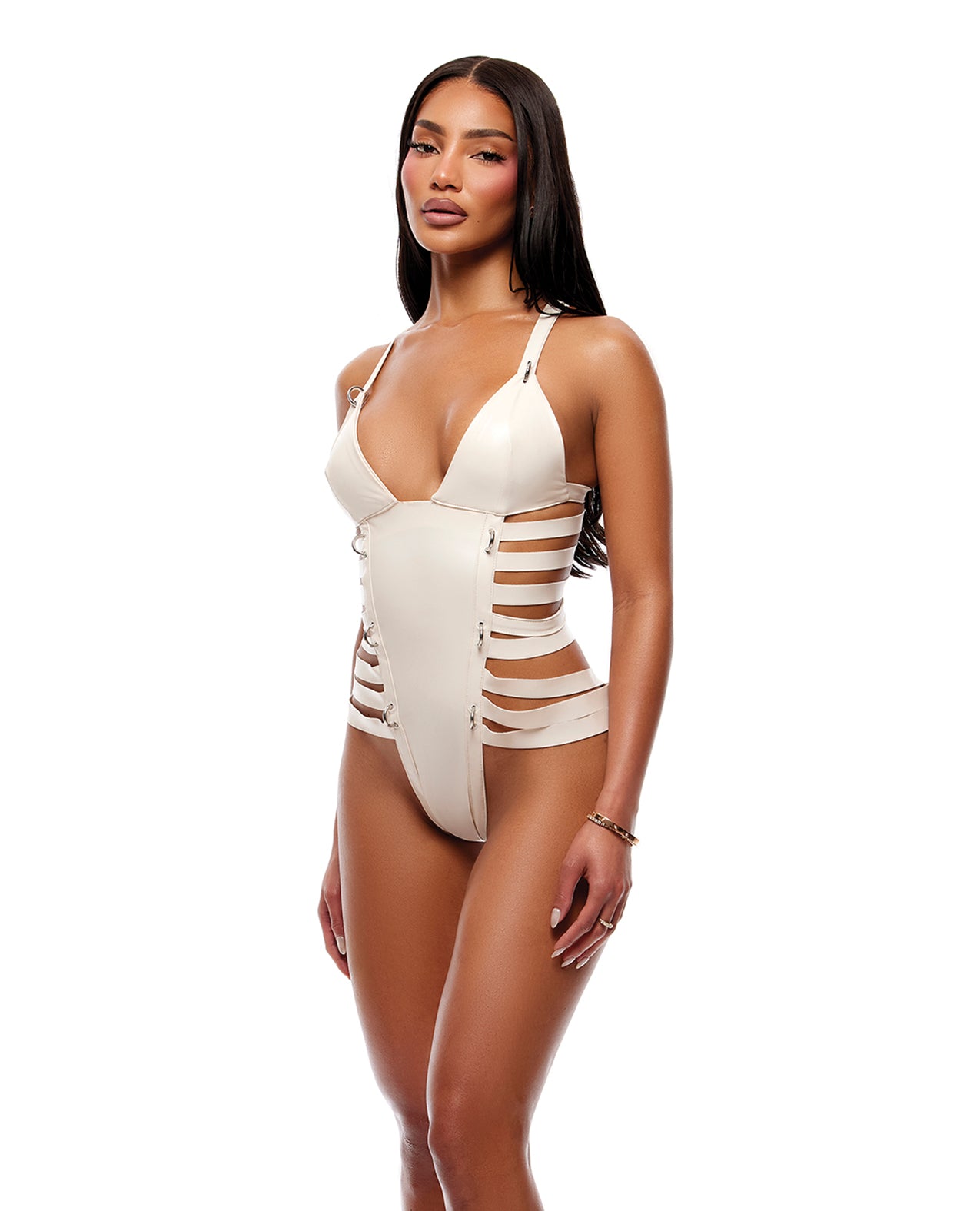 Strap Tease Strappy Vinyl Teddy - Cream - additional view