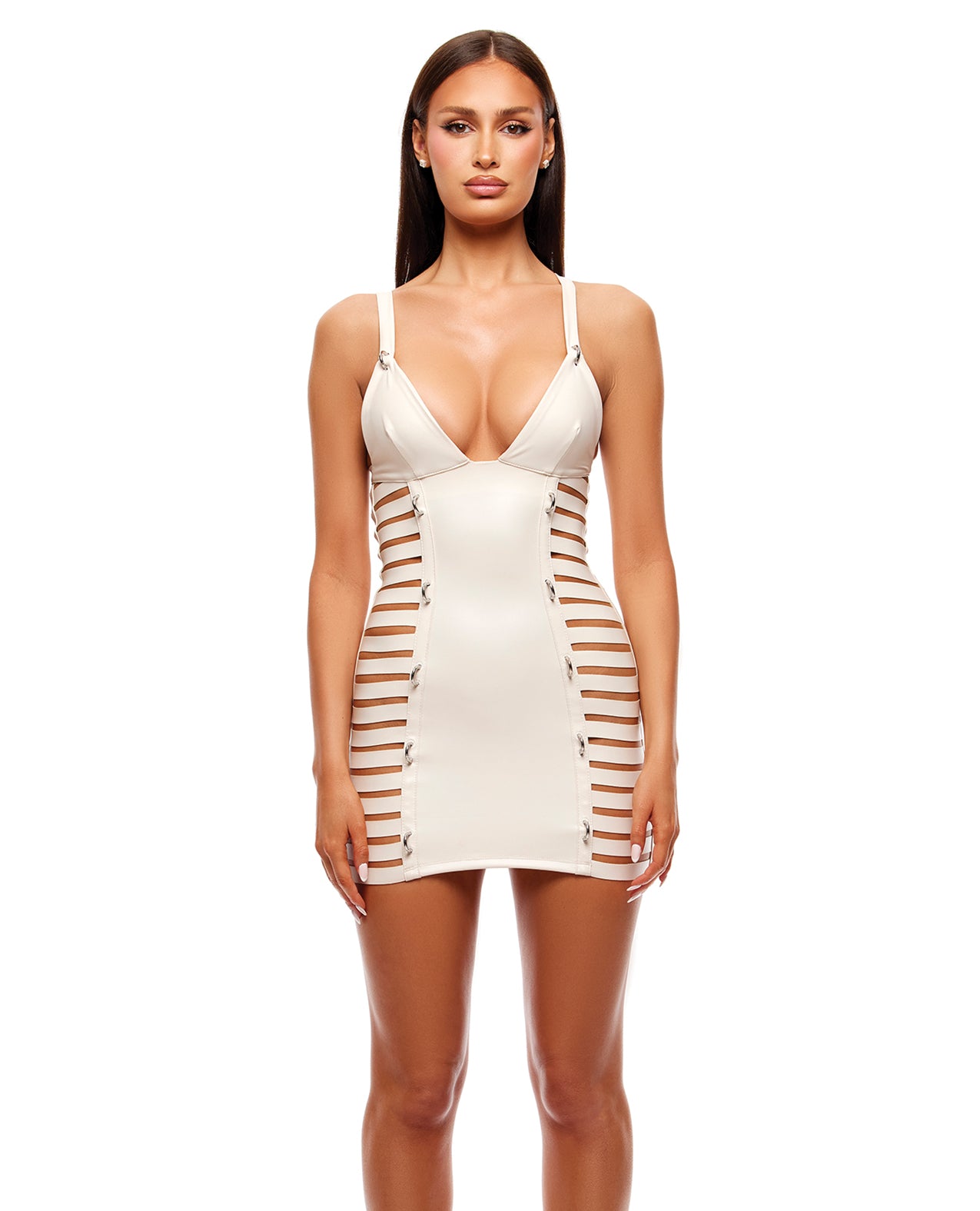Strap Tease Strappy Vinyl Mini Dress - Cream - Cream Small