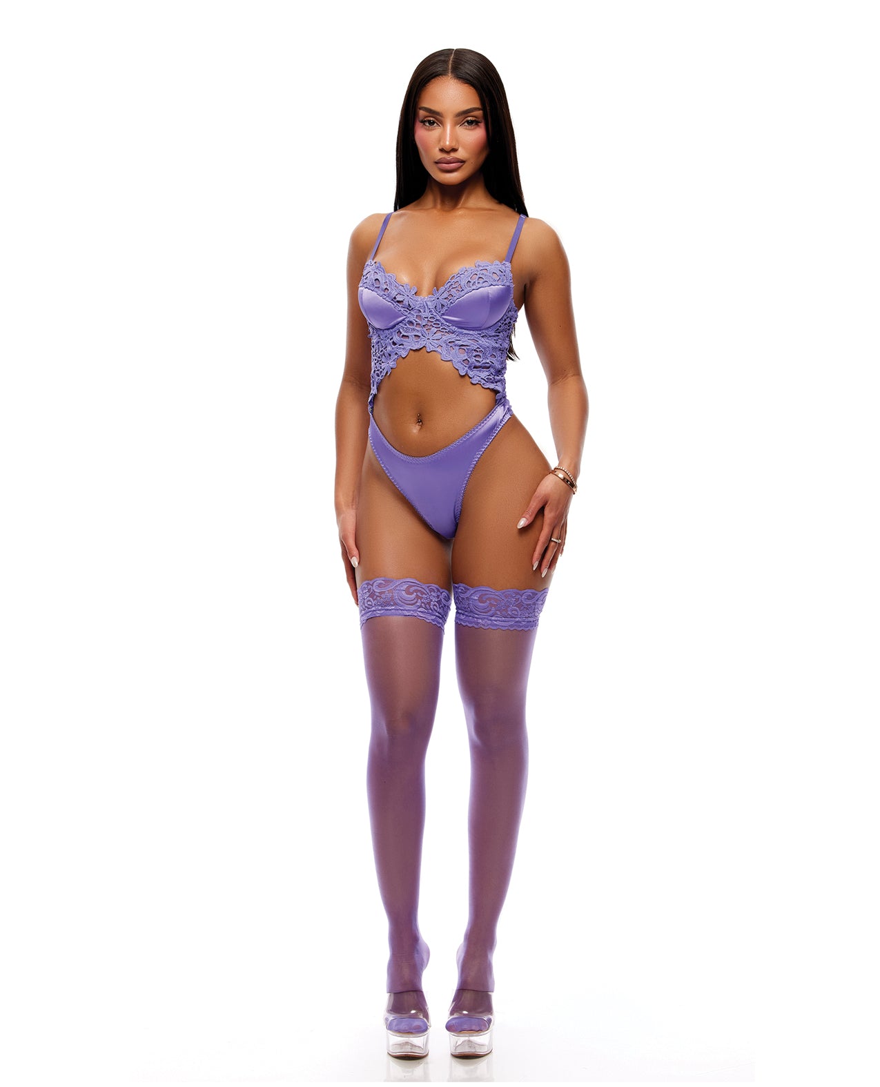 See It Through Guipure Lace Teddy & Stockings Set - Purple - Purple Small
