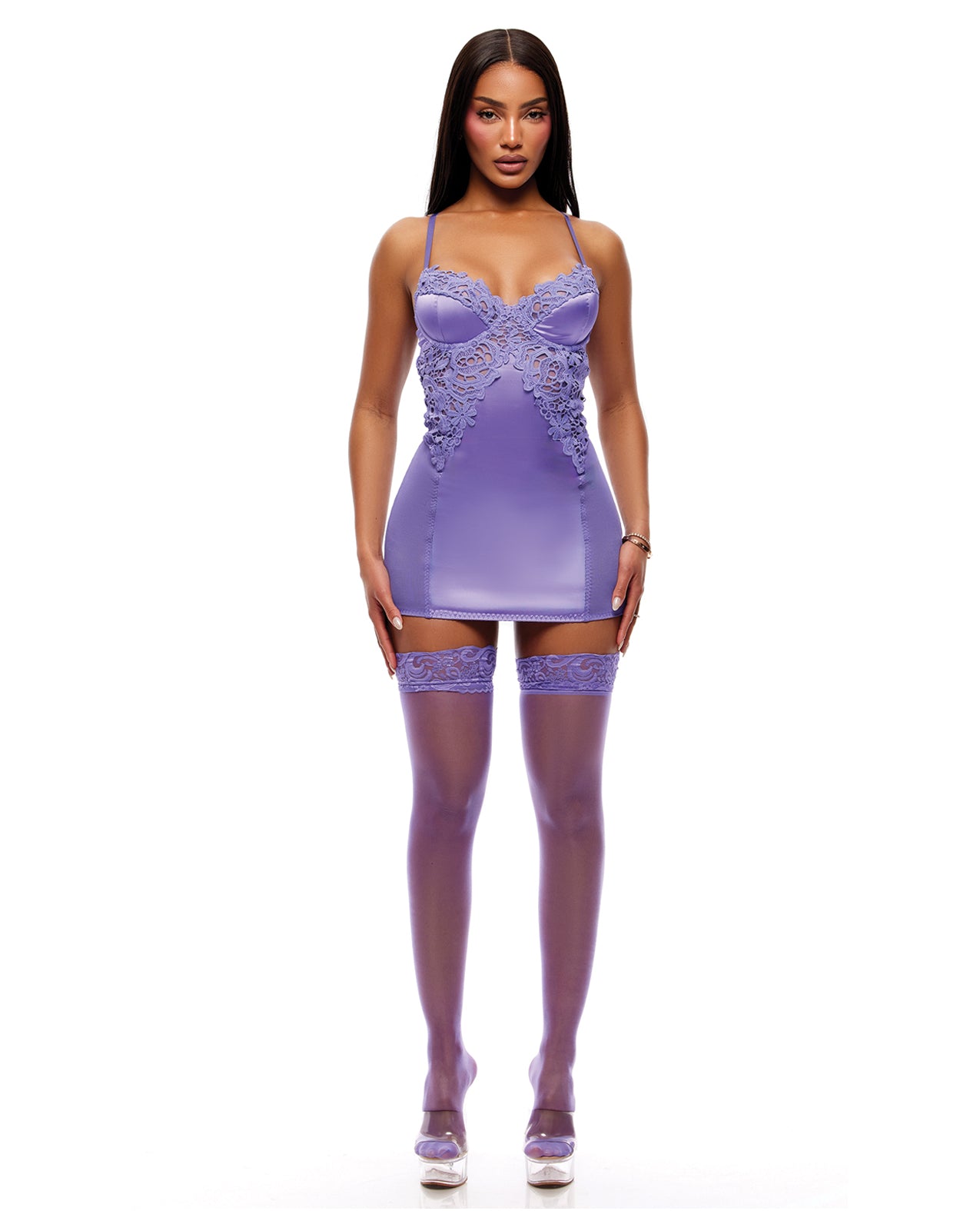 See It Through Guipure Lace Chemise, Thong & Stockings Set - Purple - Purple Small