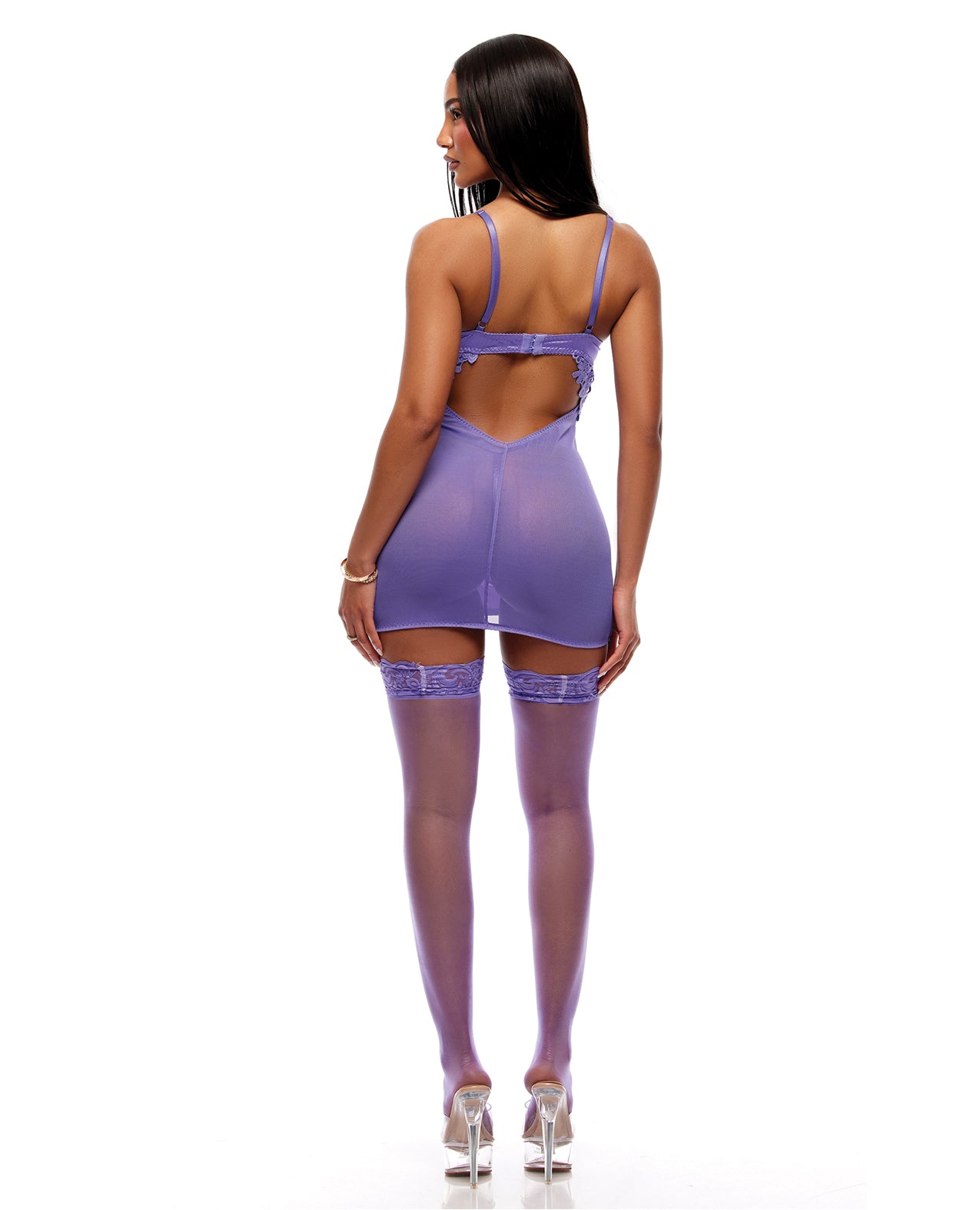 See It Through Guipure Lace Chemise, Thong & Stockings Set - Purple - additional view