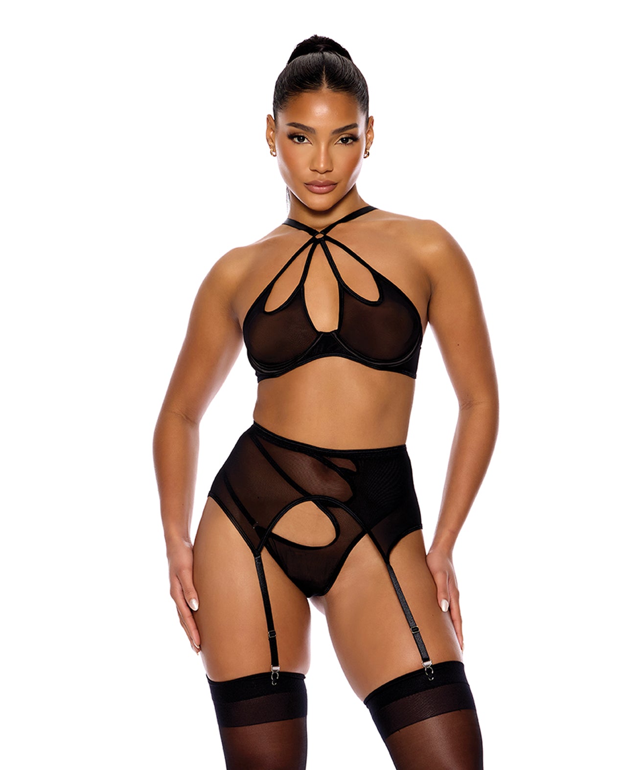 Feeling Butterflies Halterneck Bra, Garter & Panty Set - Black Small