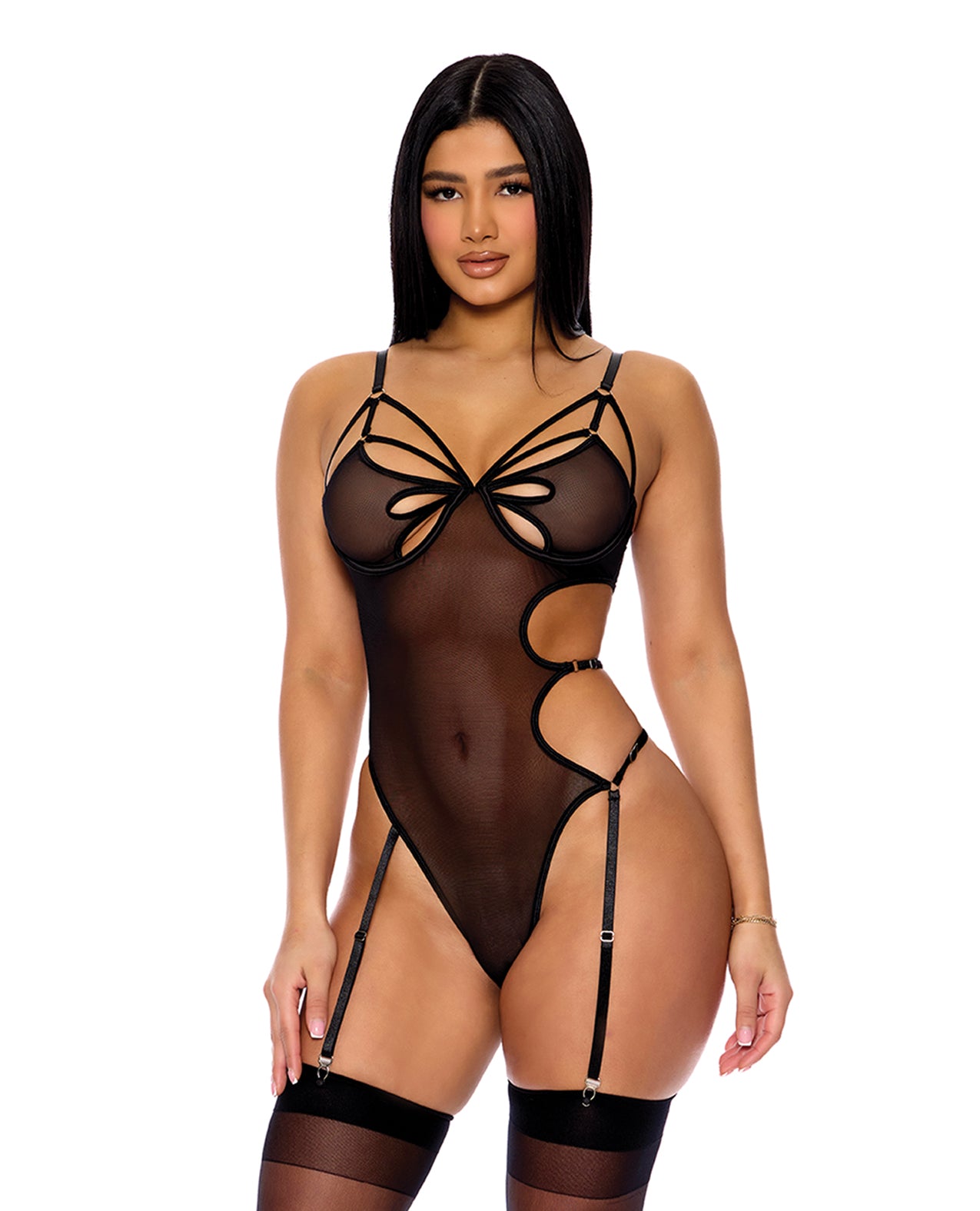 Feeling Butterflies Mesh Teddy with Garters - Black Medium
