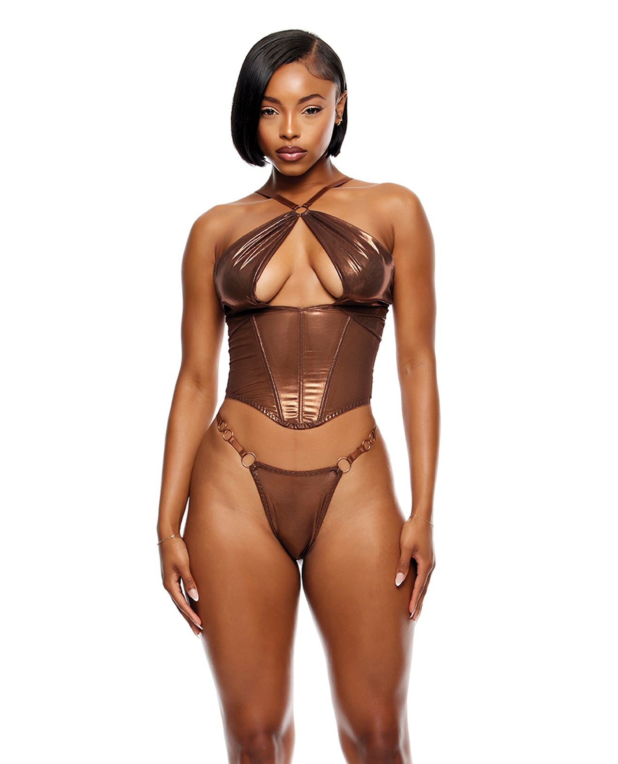 Liquid Metal Metallic Mesh Bustier & G-String Set - Copper - Copper Large