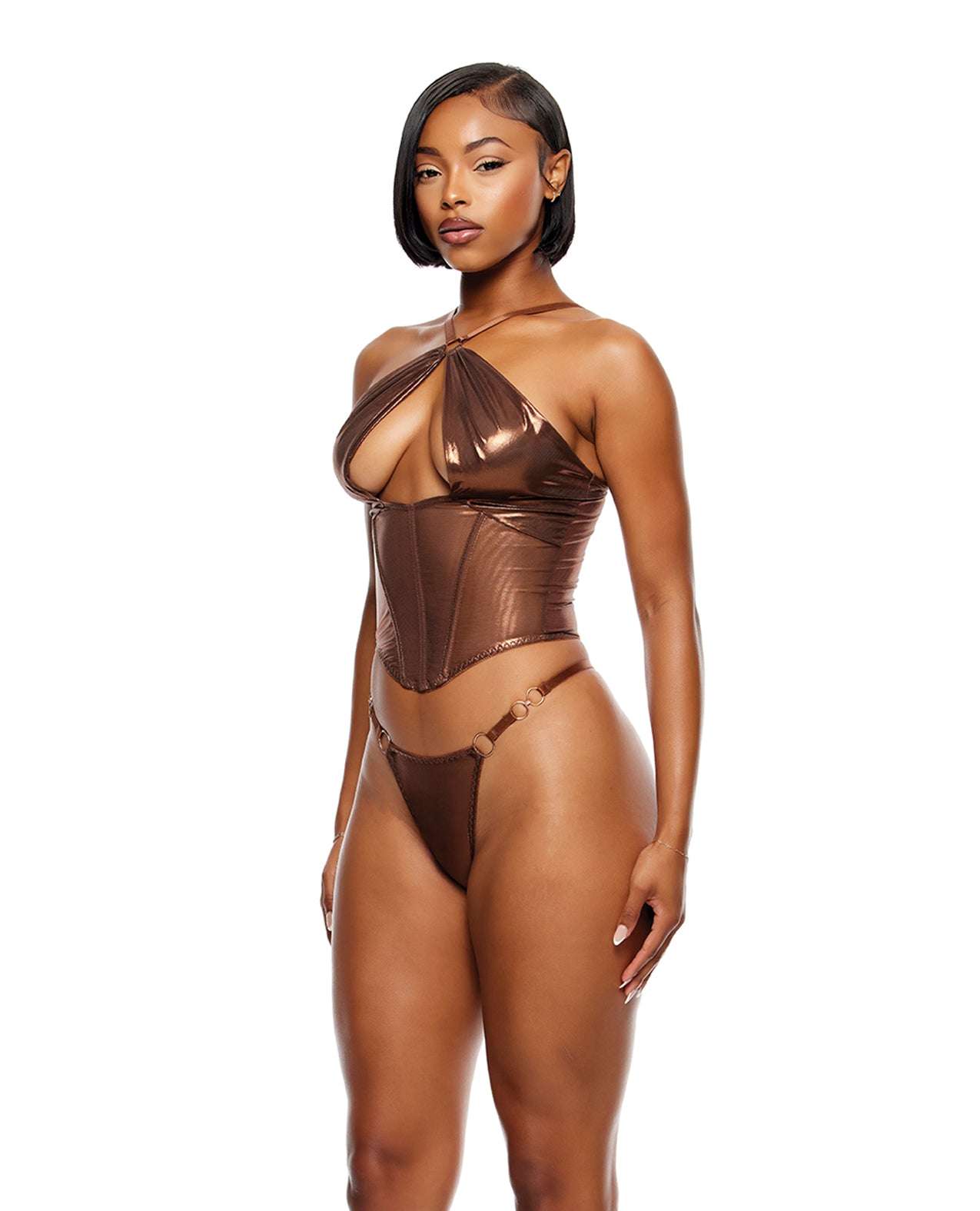 Liquid Metal Metallic Mesh Bustier & G-String Set - Copper - additional view