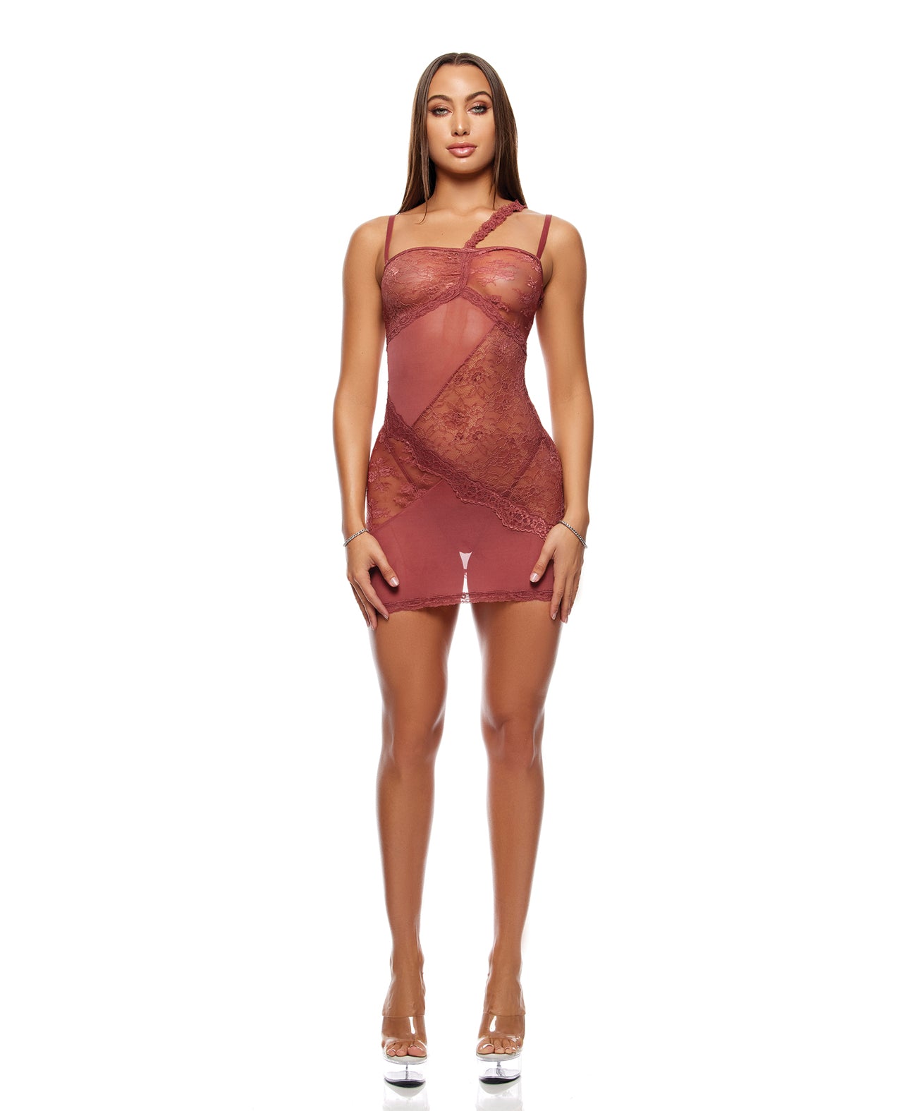 Patch of Petals Sheer Mesh Lace Chemise & Thong Set - Mauve - Mauve Small