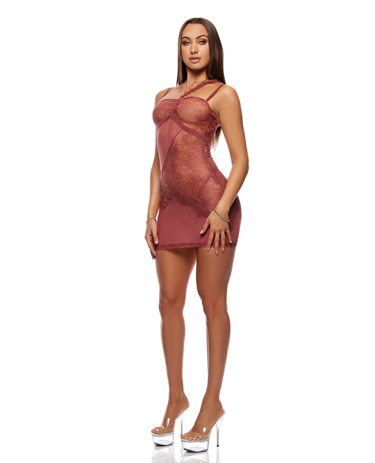 Patch of Petals Sheer Mesh Lace Chemise & Thong Set - Mauve - additional view