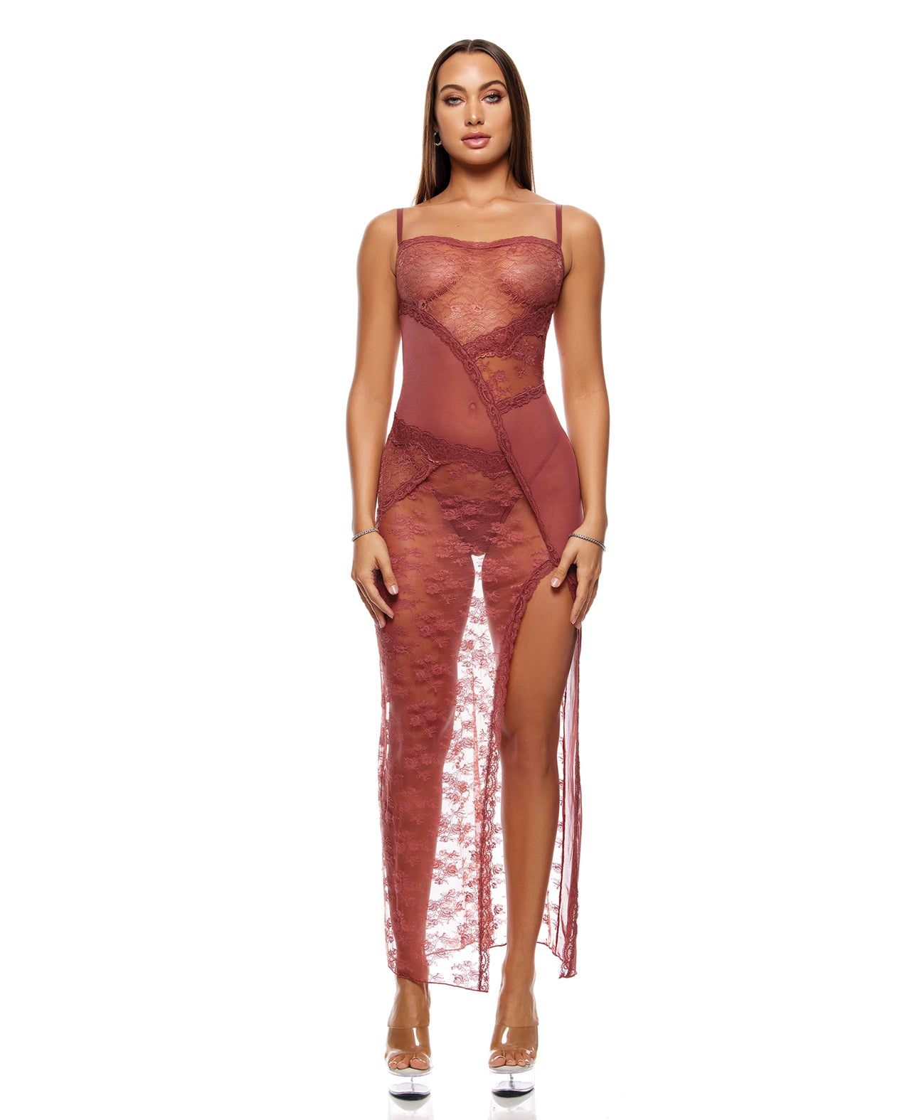 Patch of Petals Sheer Mesh Lace Nightgown & Thong Set - Mauve - Mauve Small
