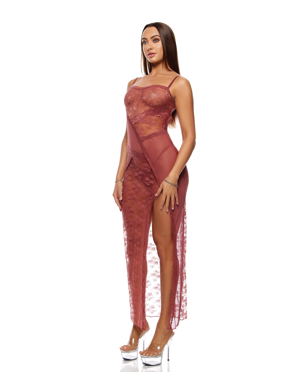 Patch of Petals Sheer Mesh Lace Nightgown & Thong Set - Mauve - additional view
