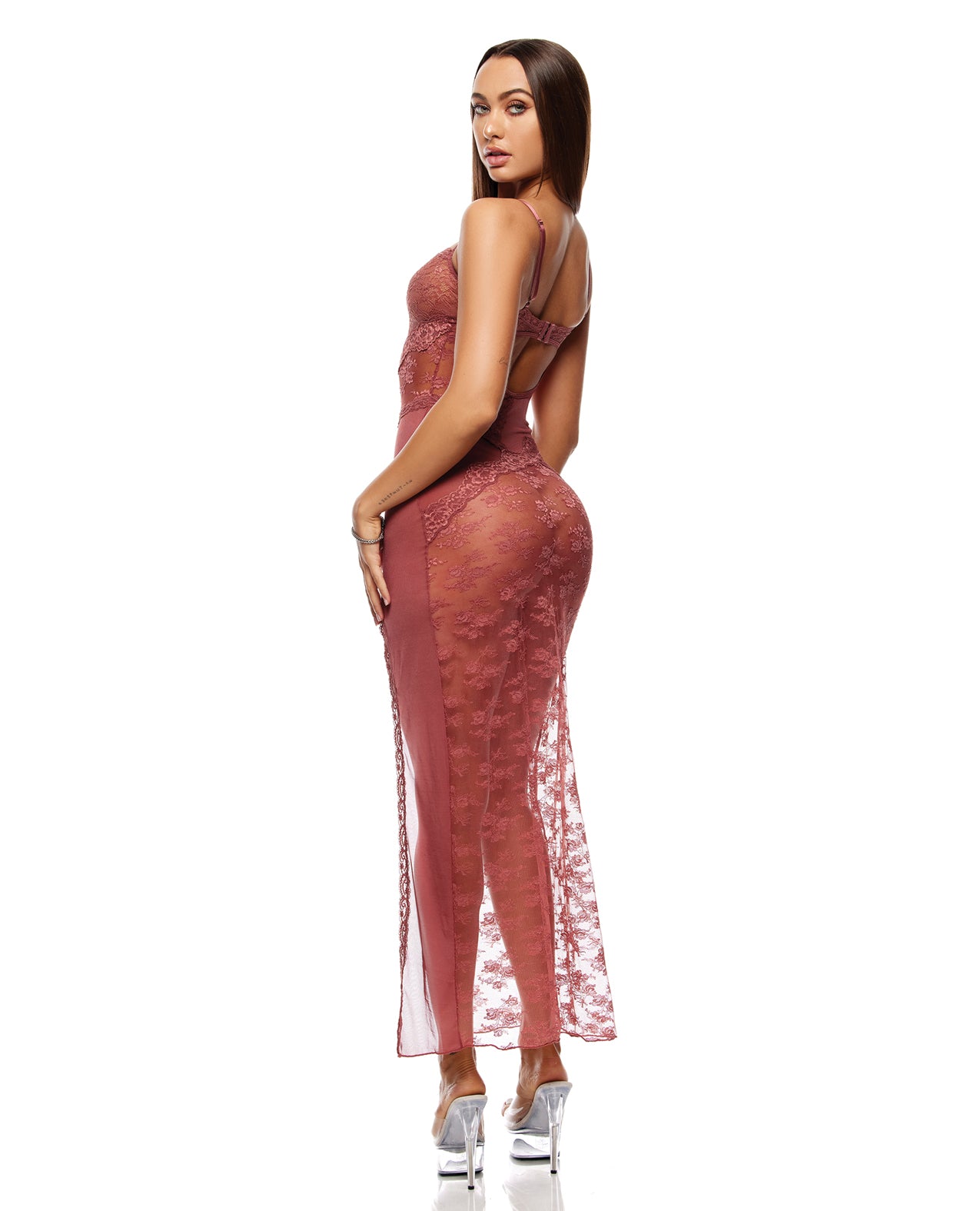 Patch of Petals Sheer Mesh Lace Nightgown & Thong Set - Mauve - additional view