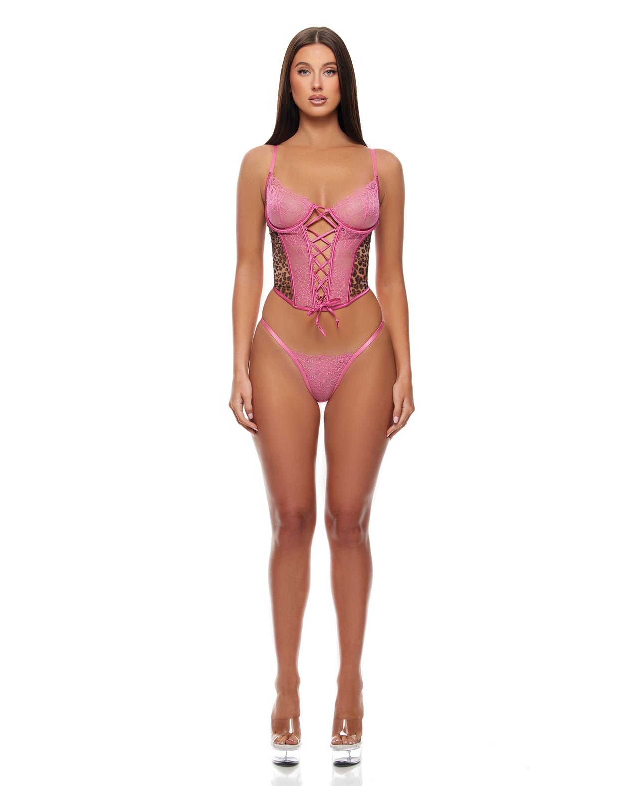 Animal Instincts Mesh Bustier & Panty Set - Pink - Pink Small