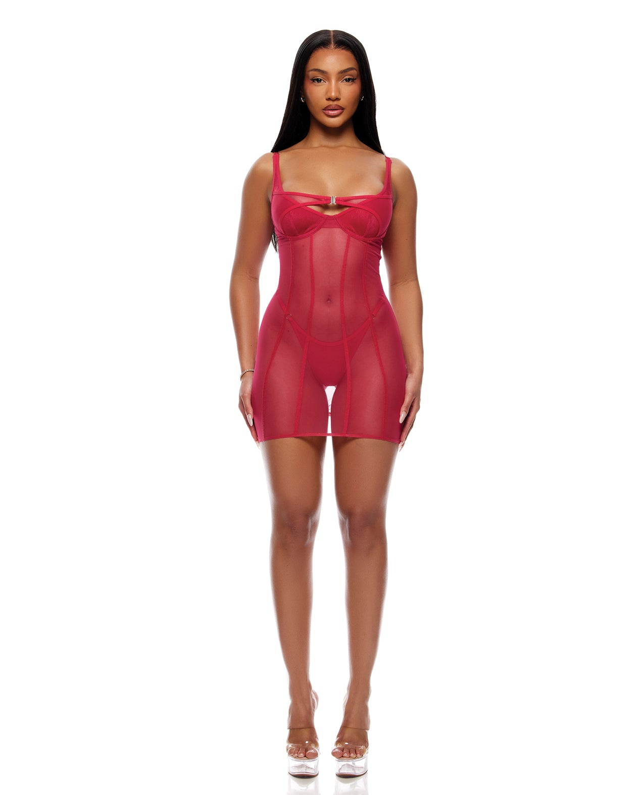 Layers To This Sheer Mesh & Knit Chemise & Thong Set - Pink - Pink Small
