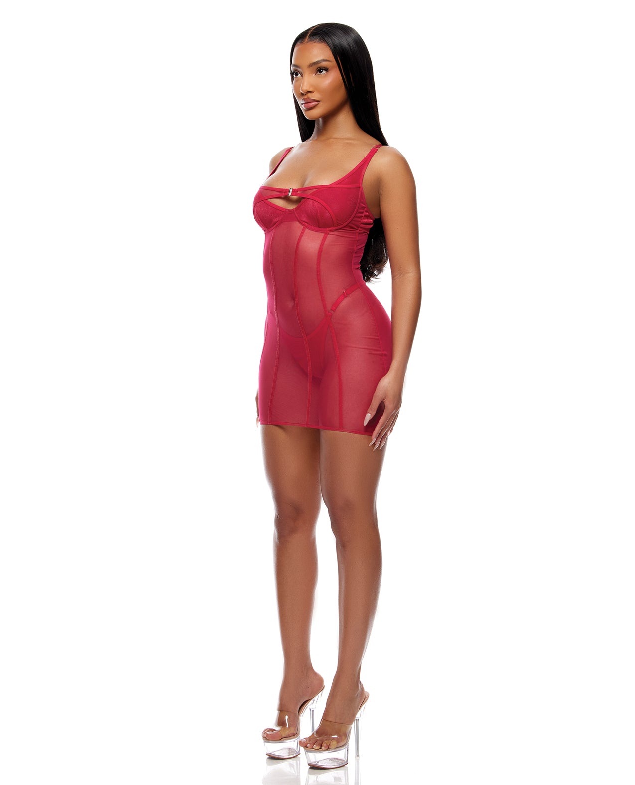 Layers To This Sheer Mesh & Knit Chemise & Thong Set - Pink - additional view