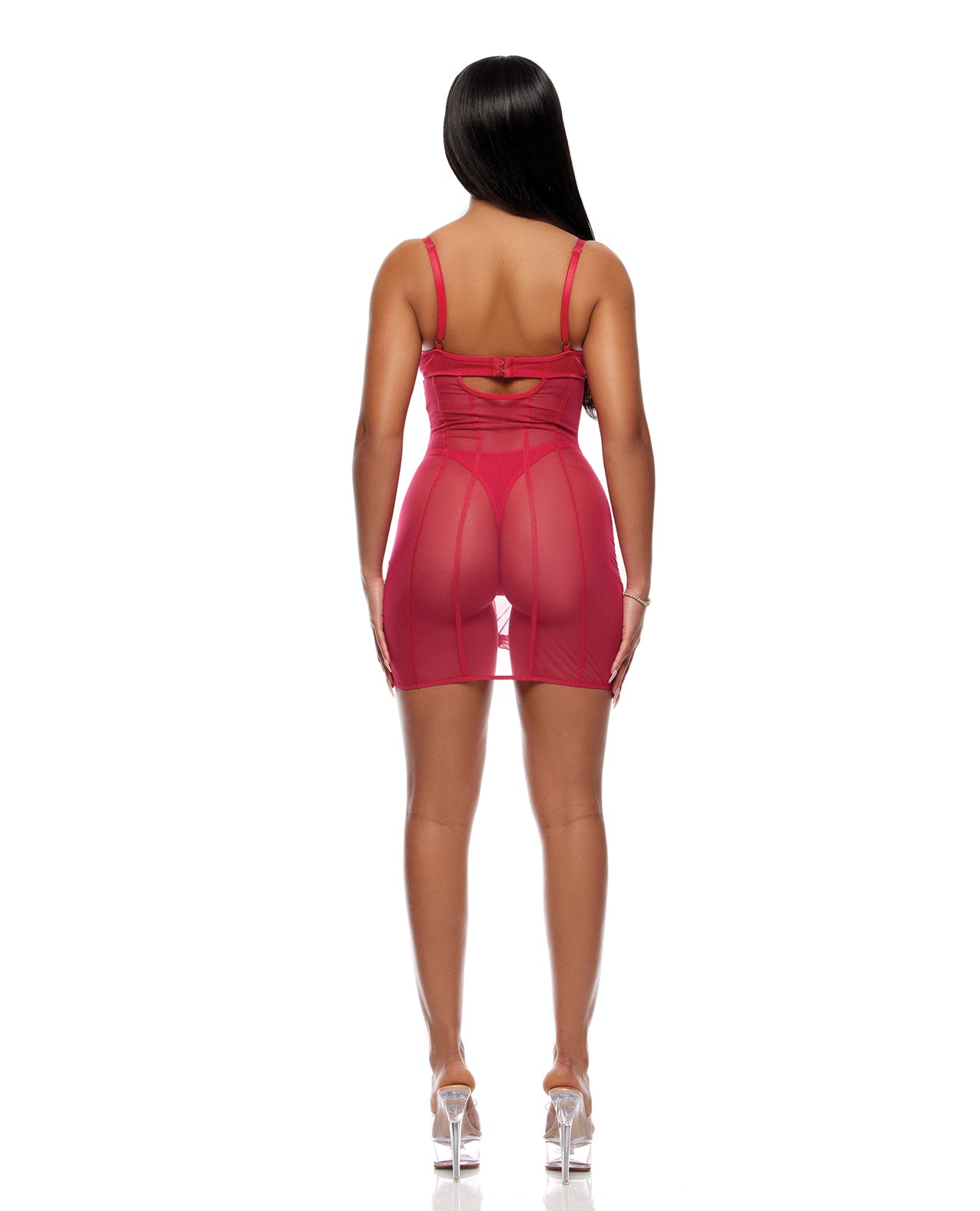 Layers To This Sheer Mesh & Knit Chemise & Thong Set - Pink - additional view