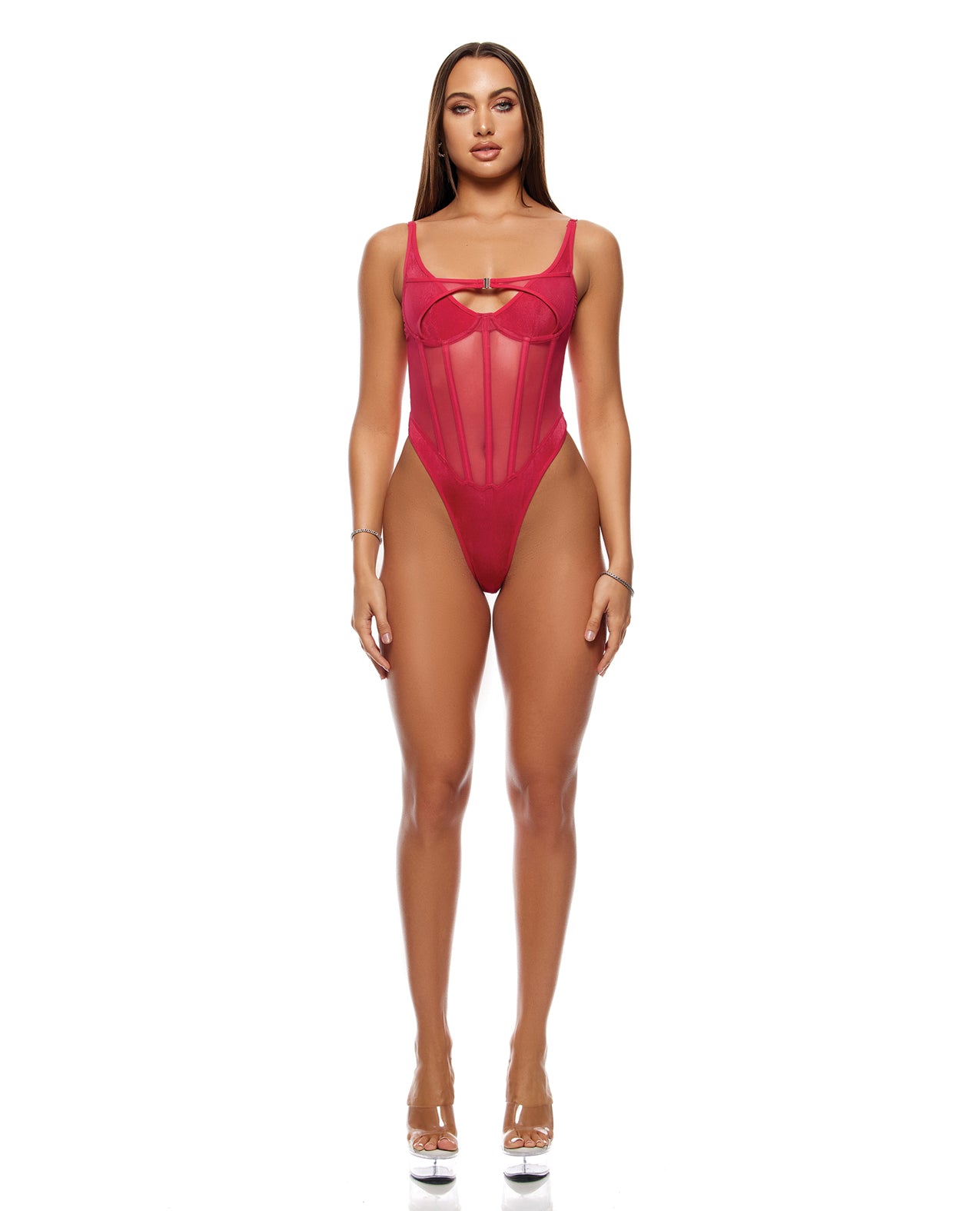 Layers To This Sheer Mesh & Knit Teddy - Pink - Pink Small