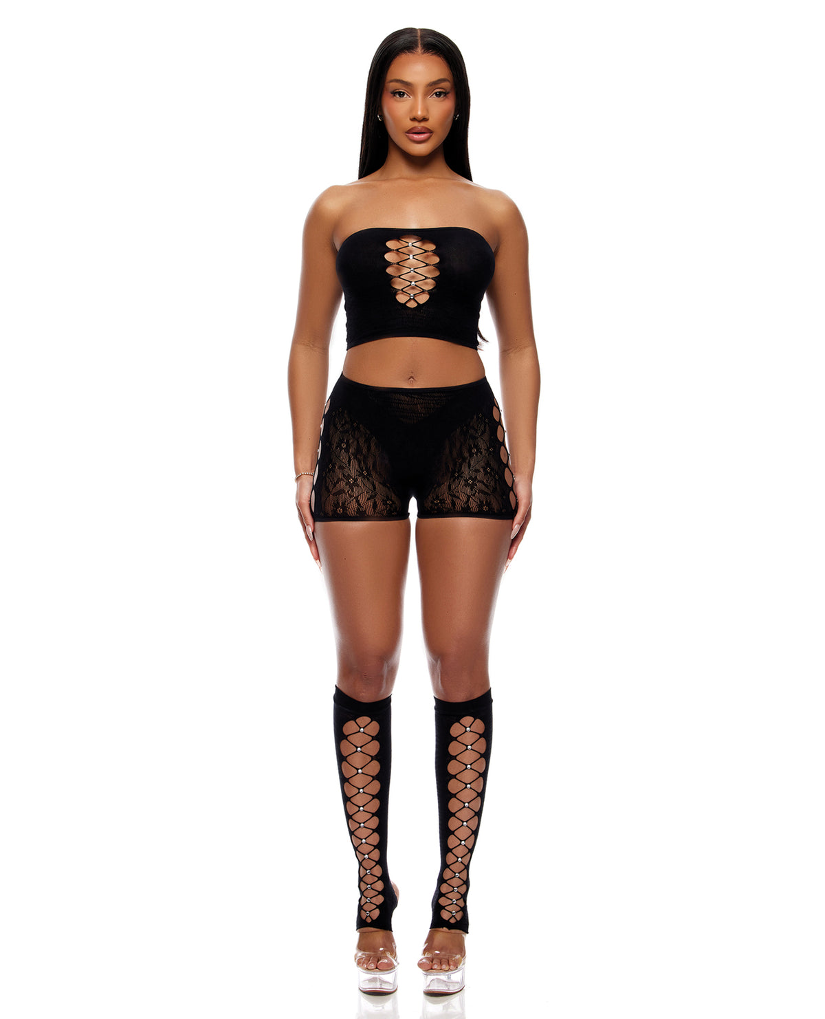 Cross Your Mind Tube Top w/Boy Short & Open Toe Socks Bodystocking - Black