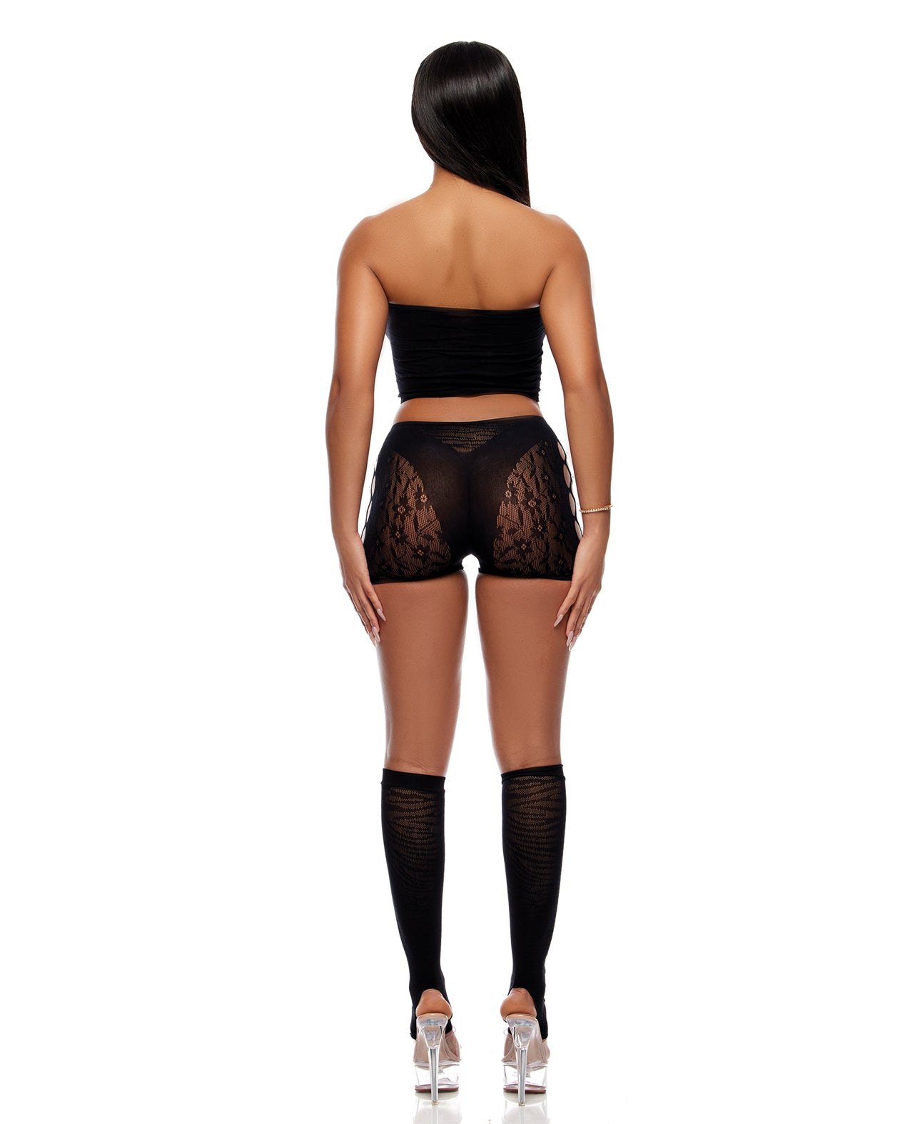 Cross Your Mind Tube Top, Boy Short & Socks Bodystocking Set - Black - additional view
