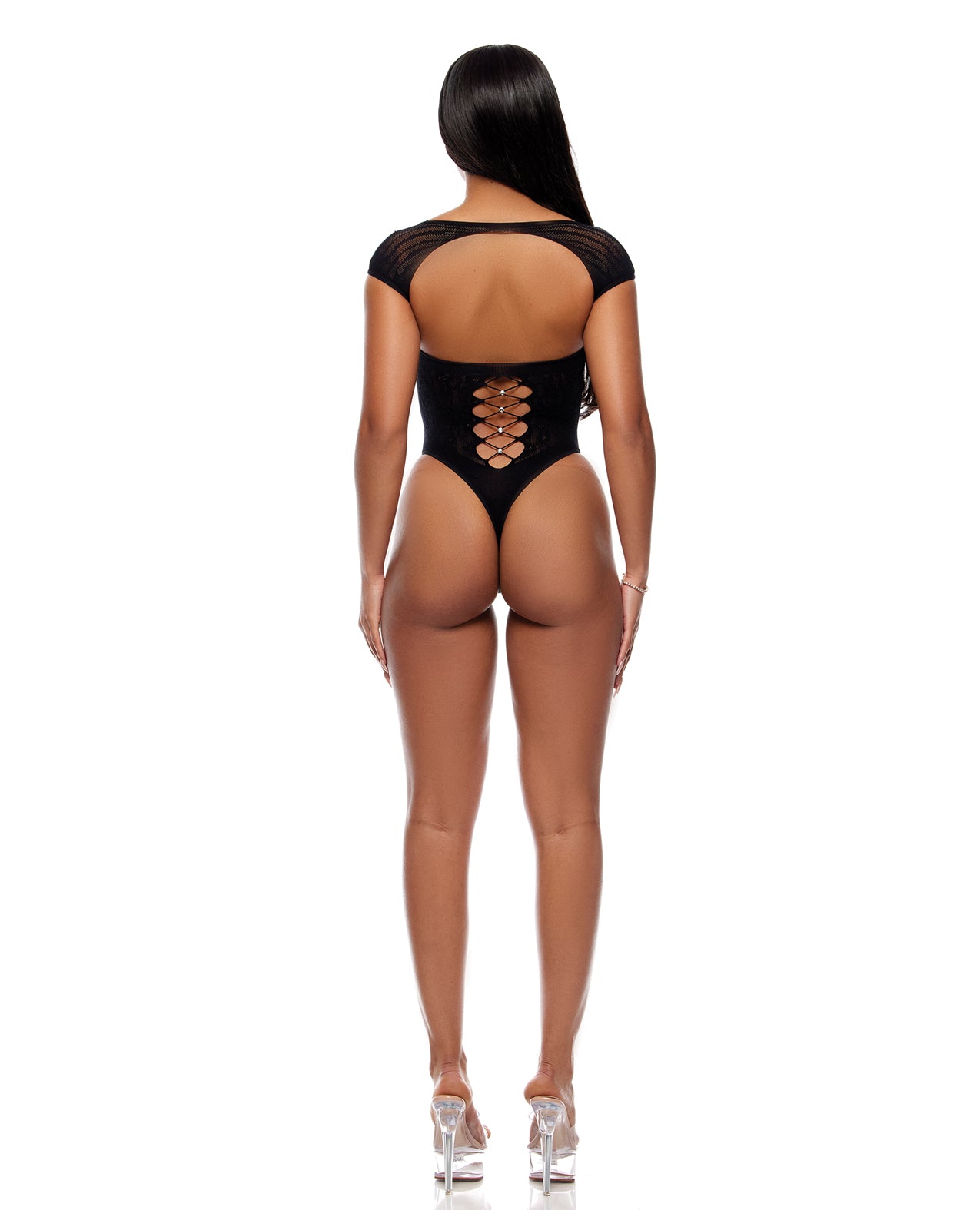 Cross Your Mind Seamless Rhinestone Teddy Bodystocking - Black - additional view