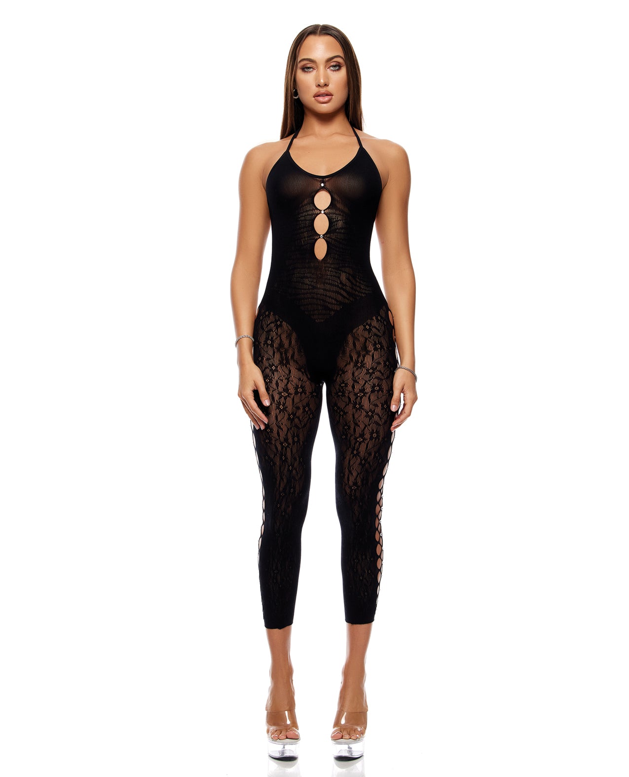 Cross Your Mind Capri Floral Bodystocking - Black - Black One Size Fits Most
