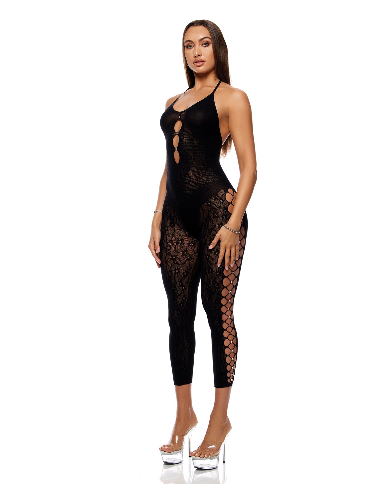 Cross Your Mind Capri Floral Bodystocking - Black - additional view