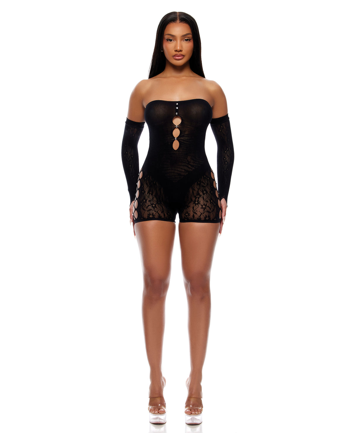 Cross Your Mind Romper Bodystocking w/Rhinestone Details & Gloves 2 pc Set - Black