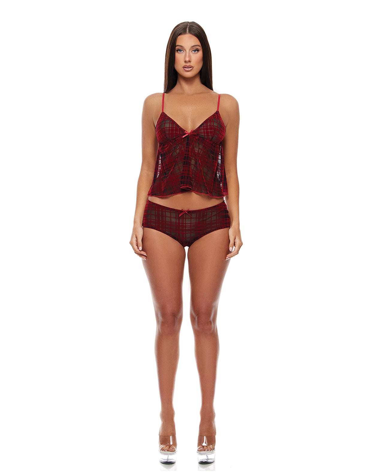 Velvet Lines Burnout Mesh Cami & Boy Short Set - Red & Black - Red & Black Small