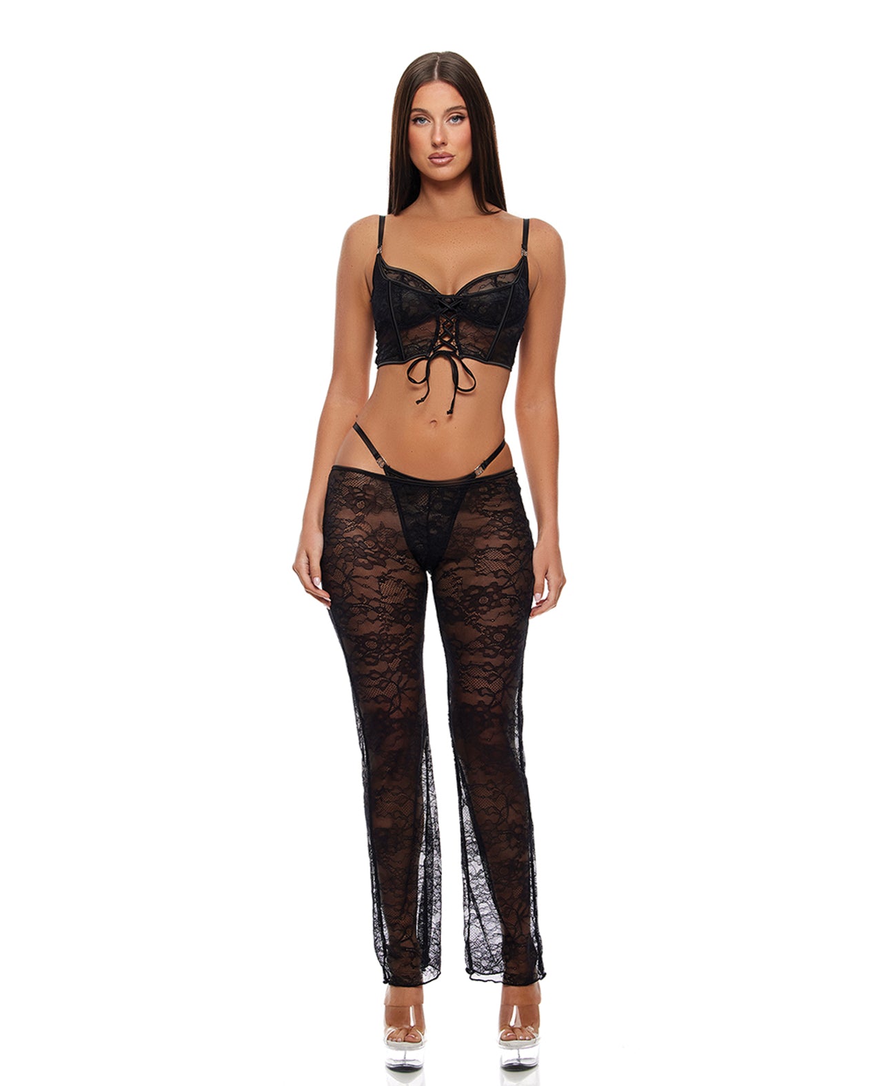 Layer of Seduction Lace Bra, Thong & Pants Set - Black - Black Small