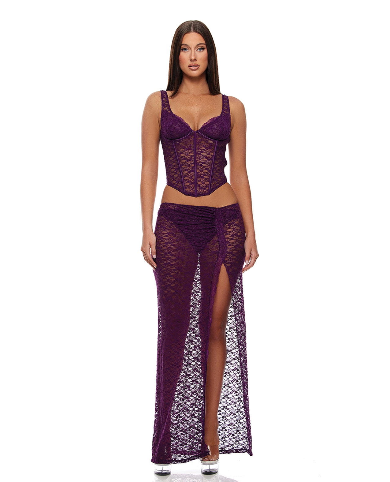 Feel Me Textured Lace Bustier, Panty & Skirt Set - Purple - Purple Small