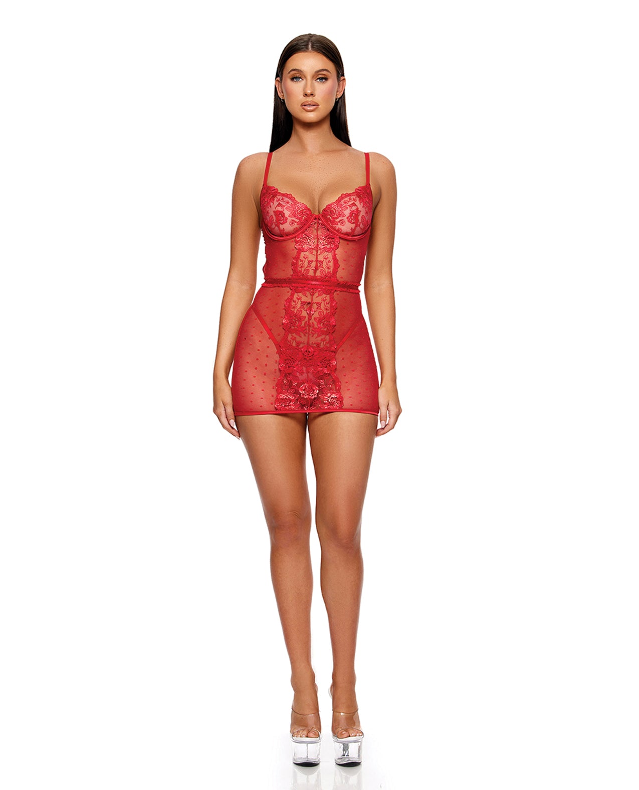 La Vie En Rose Metallic Embroidered Chemise, Panty & Belt Set - Red - Red Small