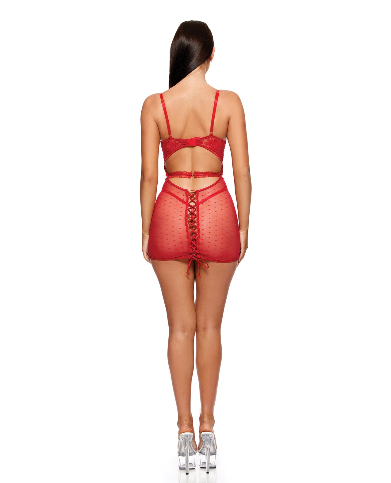 La Vie En Rose Metallic Embroidered Chemise, Panty & Belt Set - Red - additional view