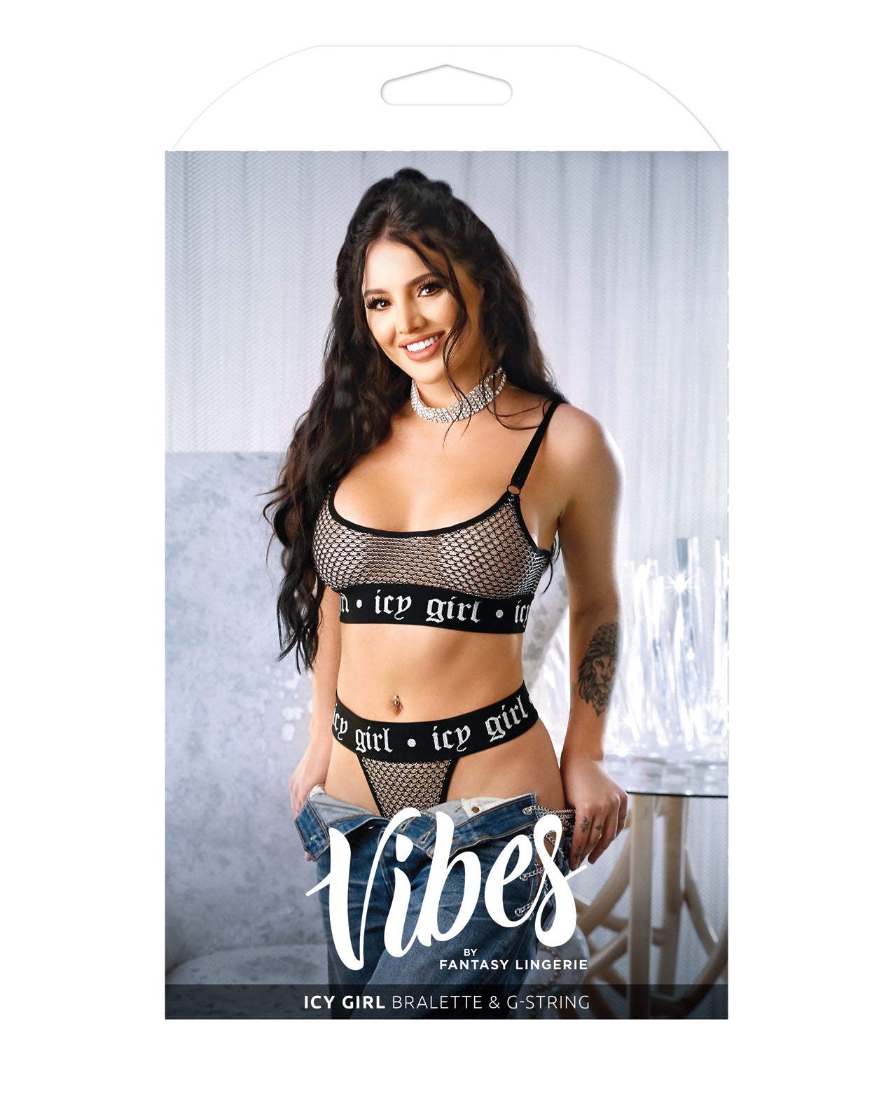 Icy Girl Metallic Fishnet Bralette & G-String Set - Black - additional view
