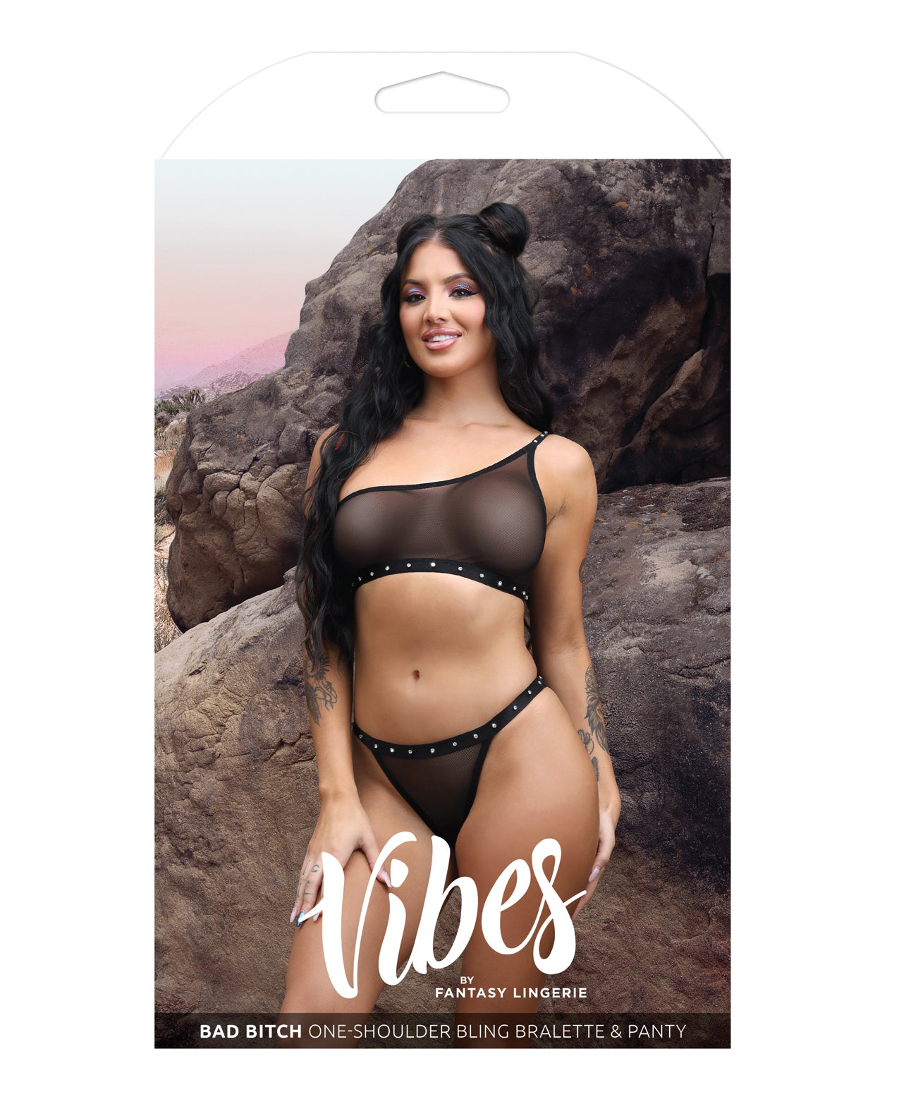Bad B*tch One-Shoulder Bling Bralette & Panty Set - Black - additional view