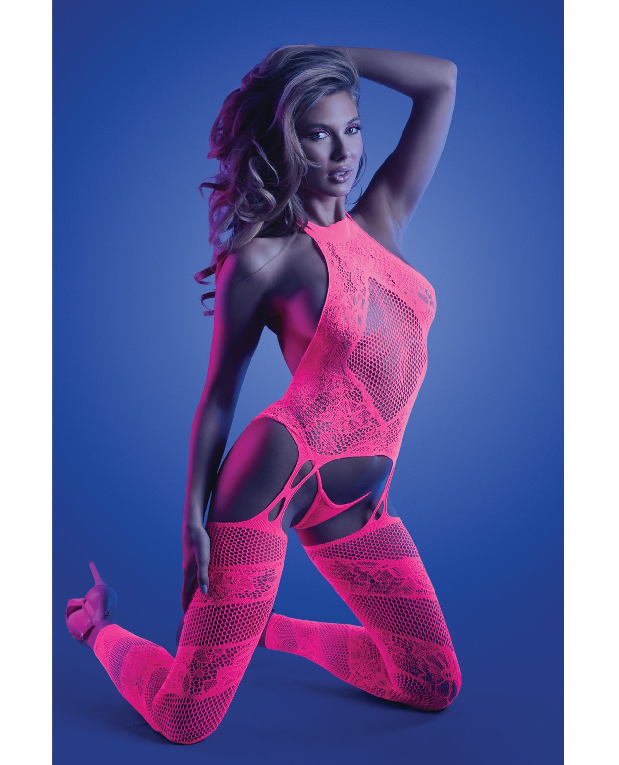Captivating UV Reactive Halter Bodystocking & G-String Set - Neon Pink - Neon Pink One Size Fits Most