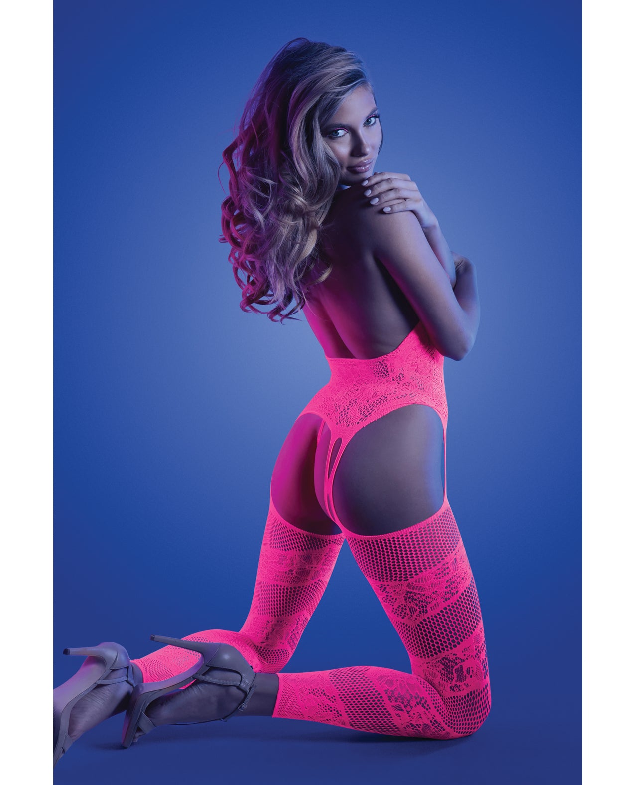 Captivating UV Reactive Halter Bodystocking & G-String Set - Neon Pink - additional view
