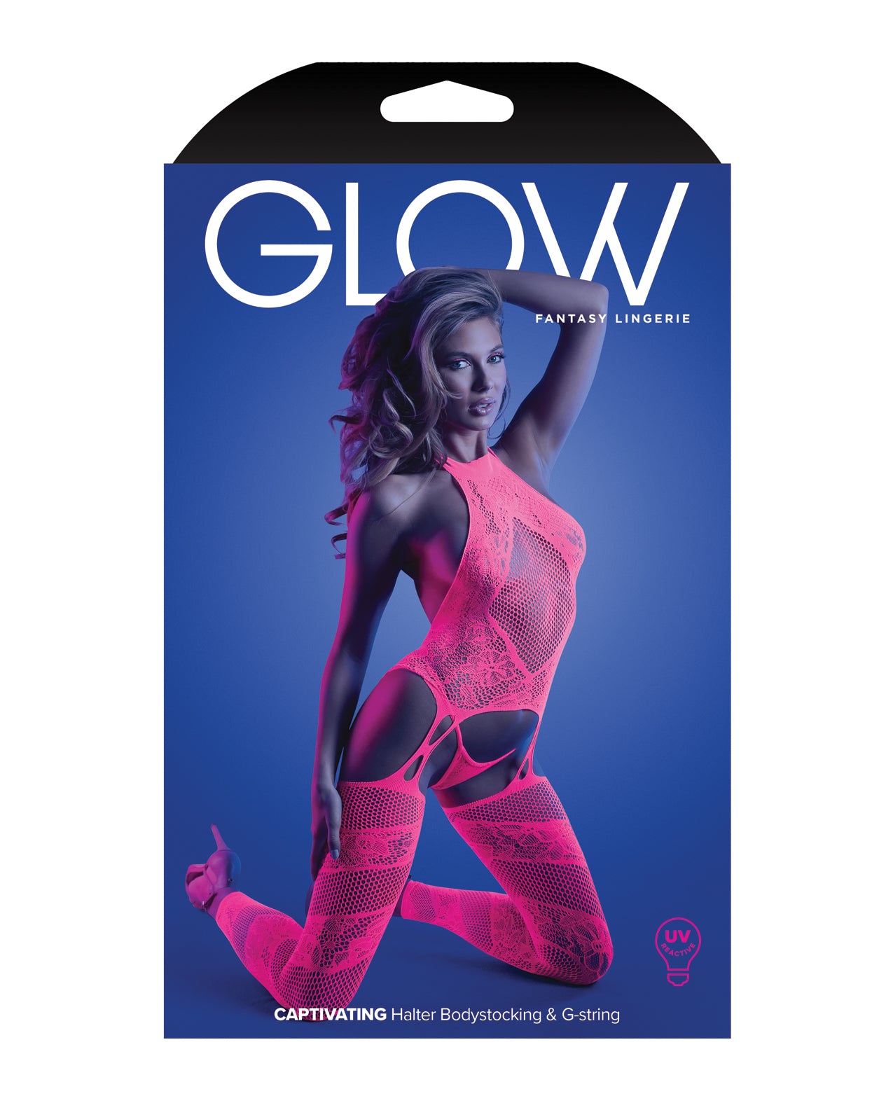 Captivating UV Reactive Halter Bodystocking & G-String Set - Neon Pink - additional view