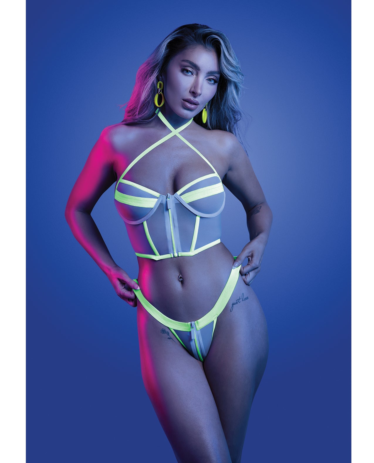 Supernatural Glow-in-the-Dark Zipper Bra & Thong Set - White - White Small/Medium