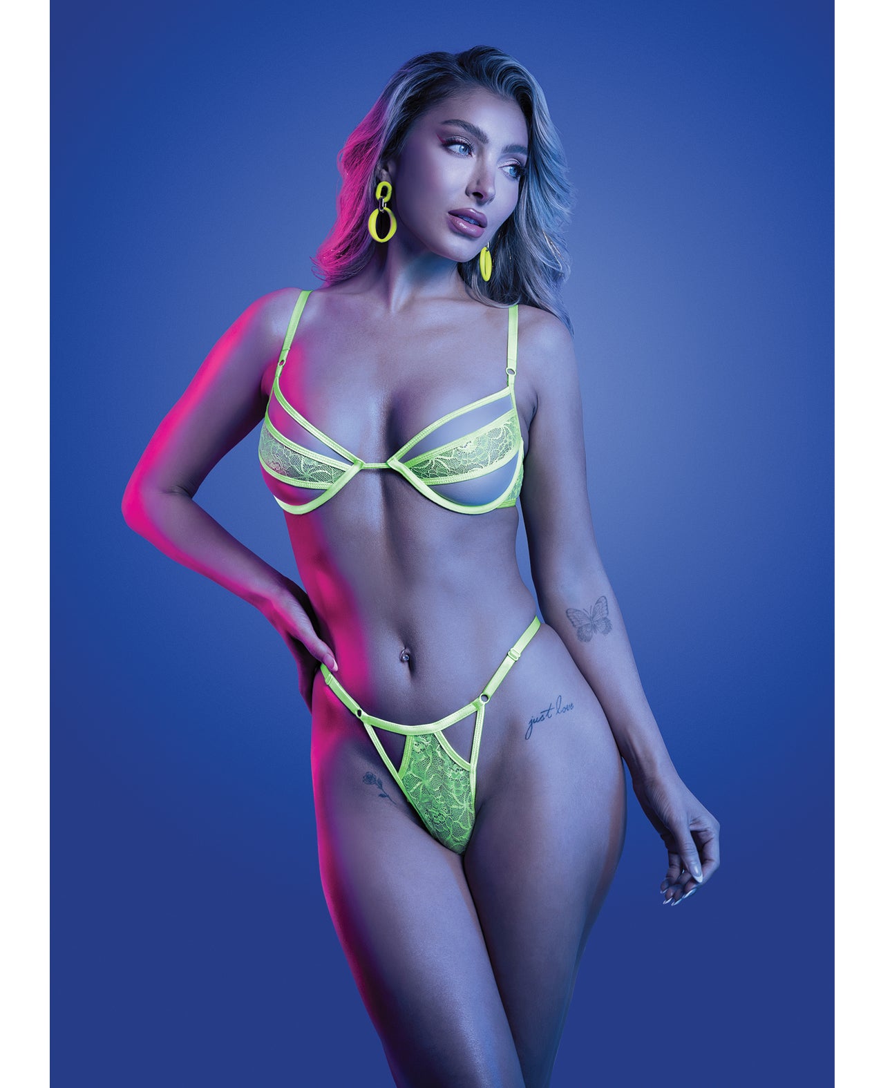 Mind Control UV Reactive Lace & Mesh Bra & Thong Set - Neon Green - Neon Green Medium/Large