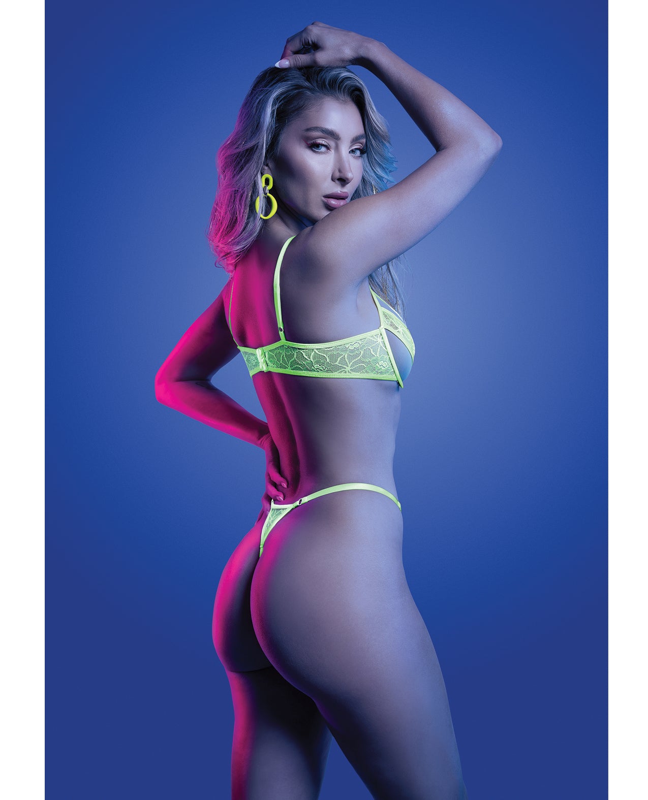 Mind Control UV Reactive Lace & Mesh Bra & Thong Set - Neon Green - additional view