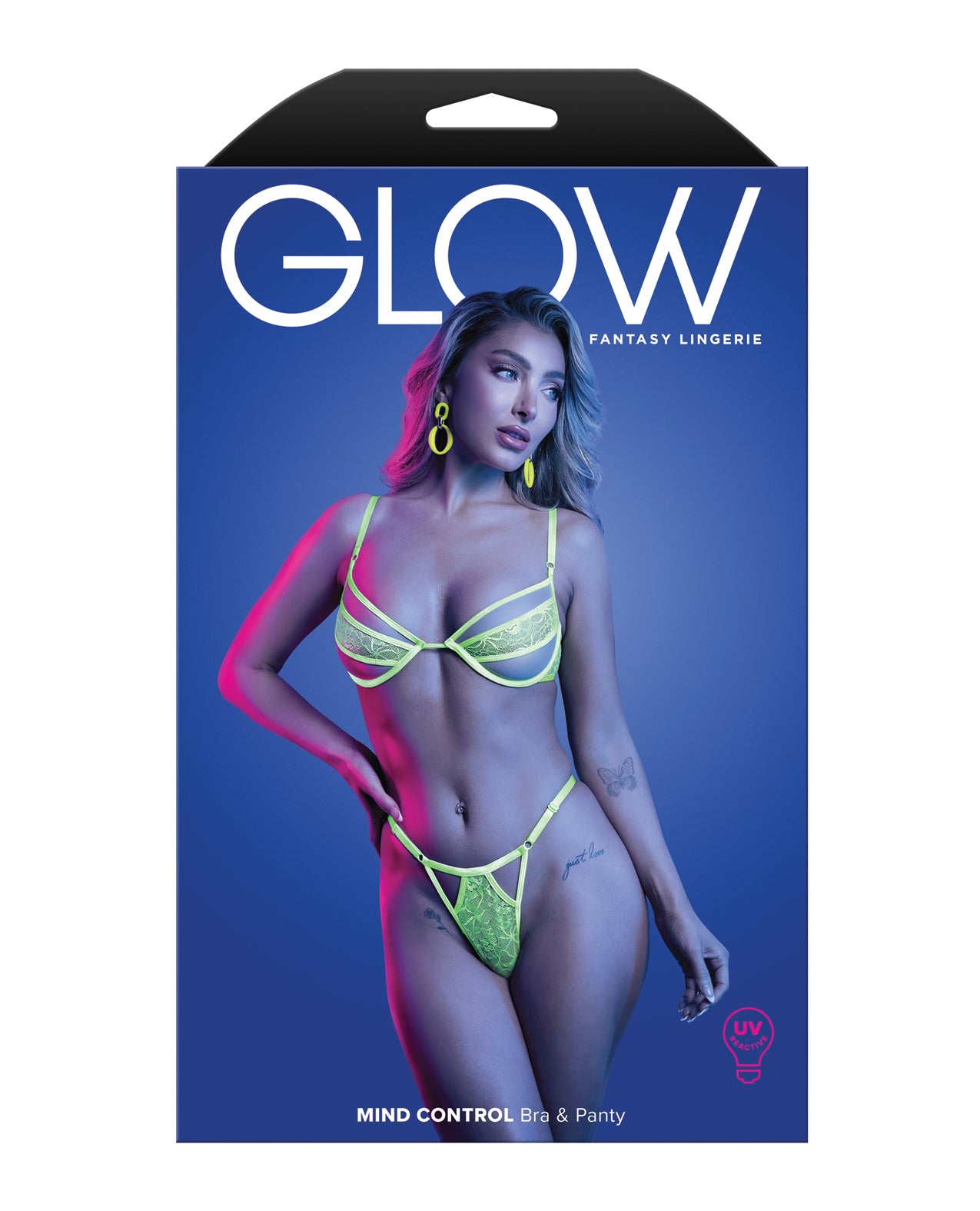 Mind Control UV Reactive Lace & Mesh Bra & Thong Set - Neon Green - additional view