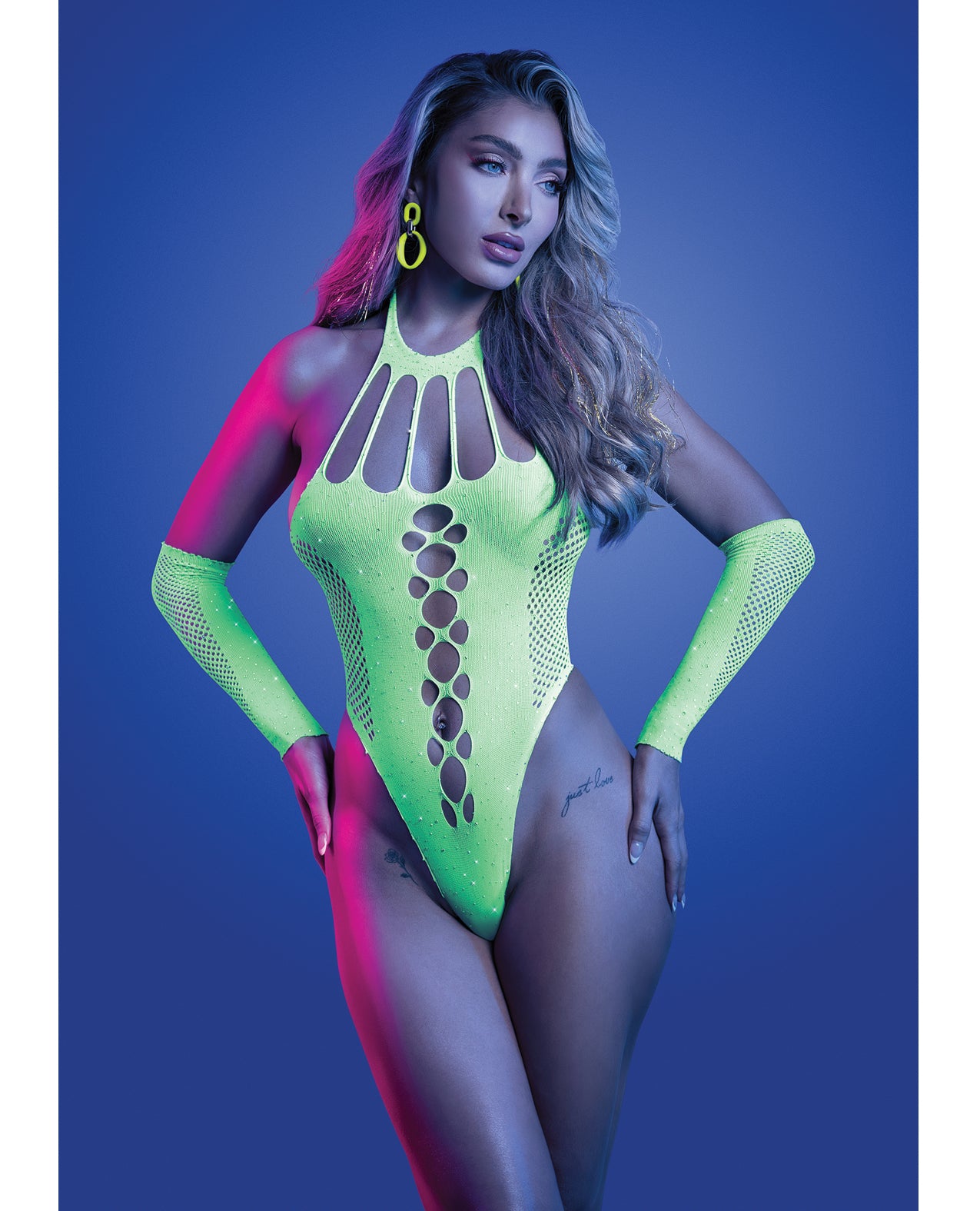 Pressure Point UV Reactive Rhinestone Teddy & Gloves Set - Neon Green - Neon Green One Size Fits Most