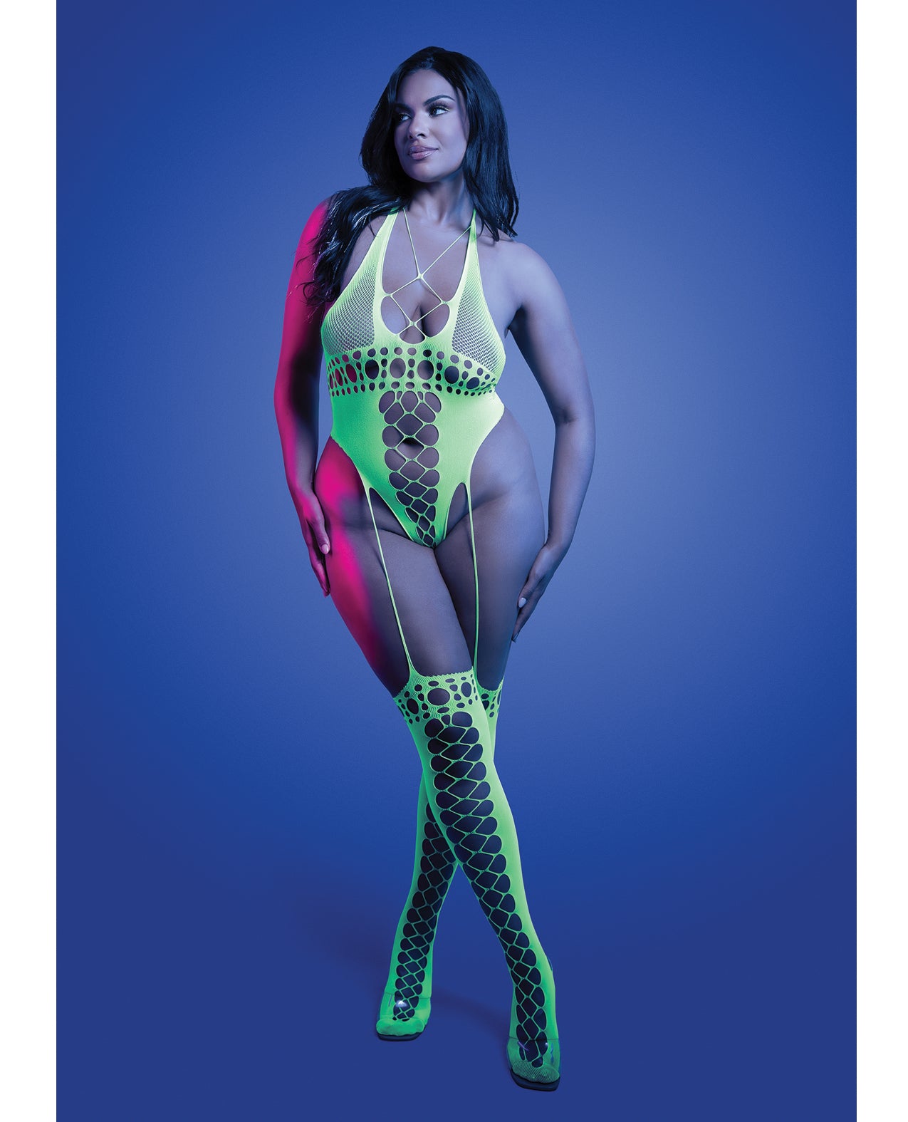 Paradigm UV Reactive Halter Teddy Bodystocking - Neon Green - Neon Green One Size Queen