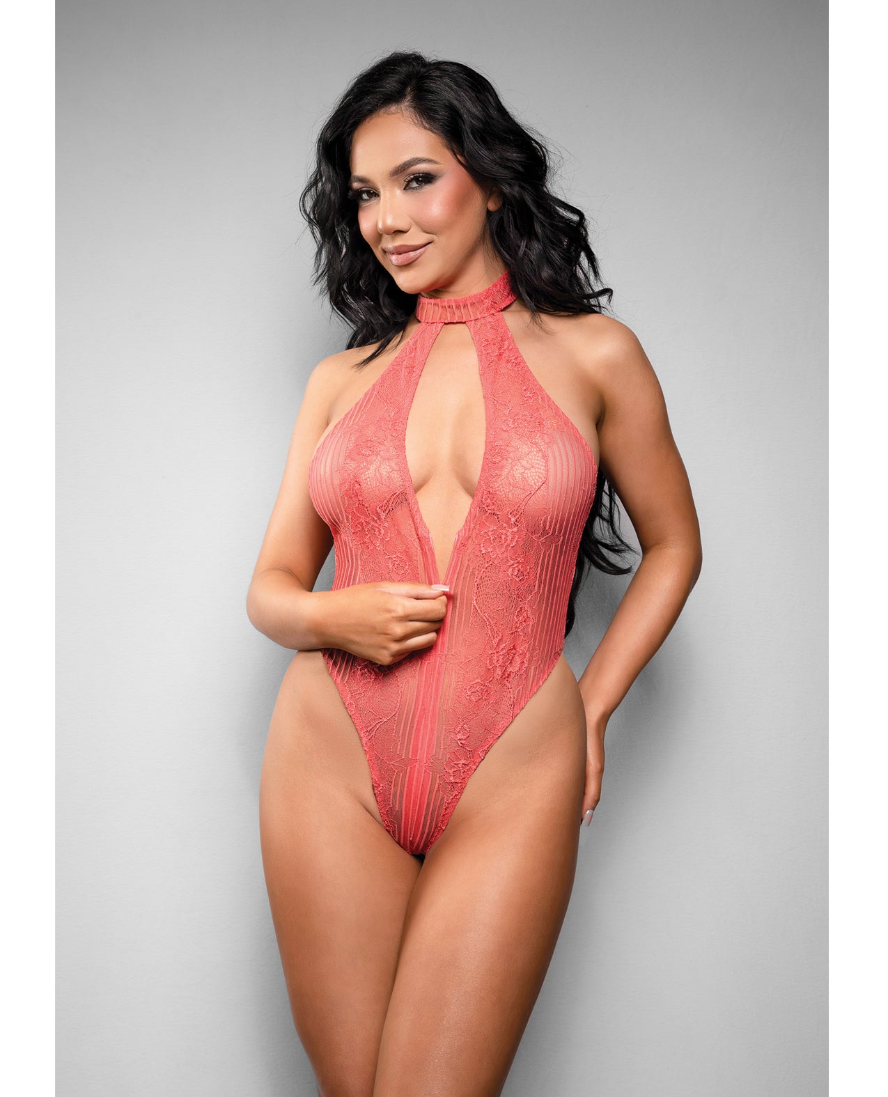 Calliope Striped Floral Lace Zippered Teddy - Coral - additional view