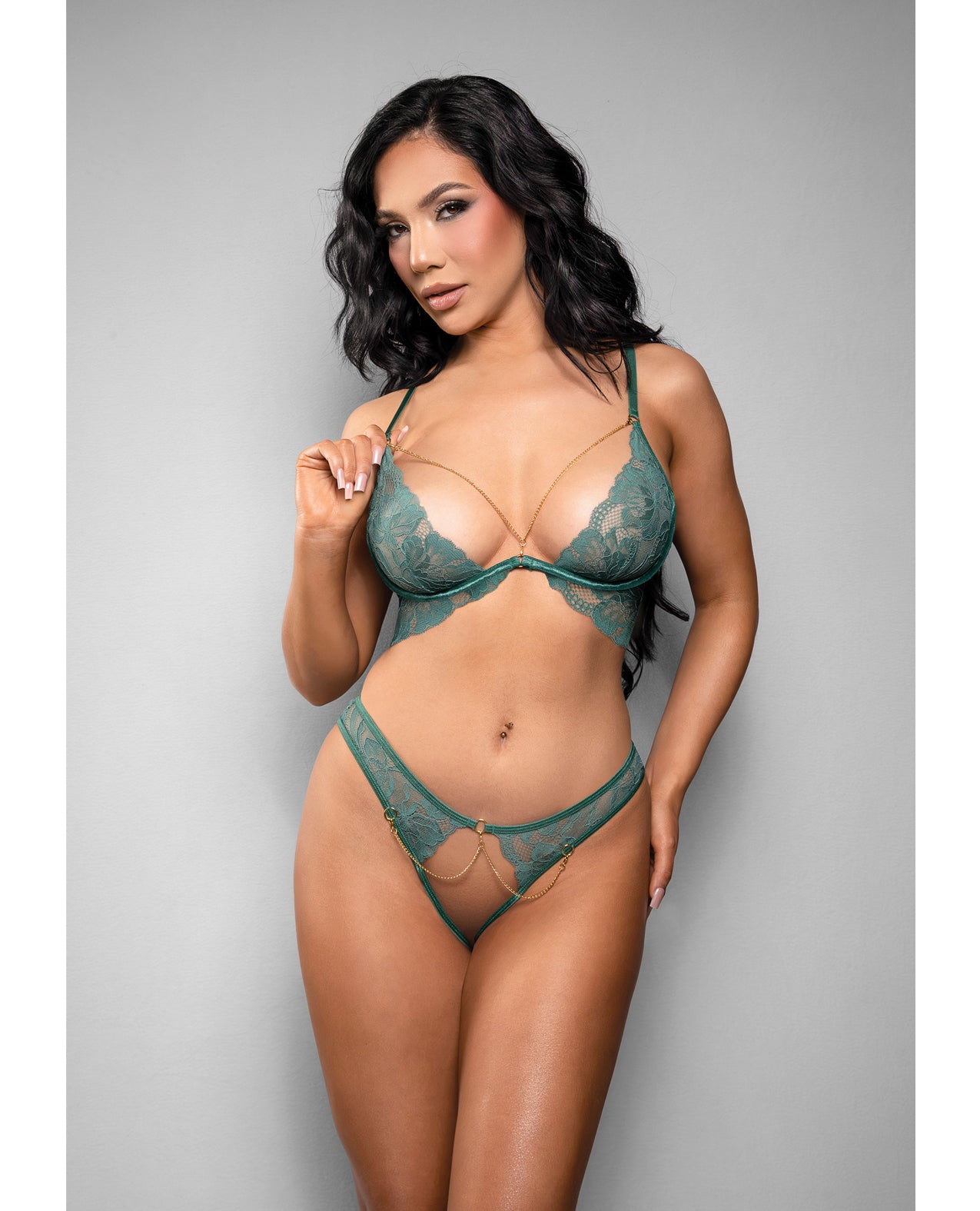 Aerin Lace Bra & Panty Set w/ Removable Chain - Green - Green Large/XLarge