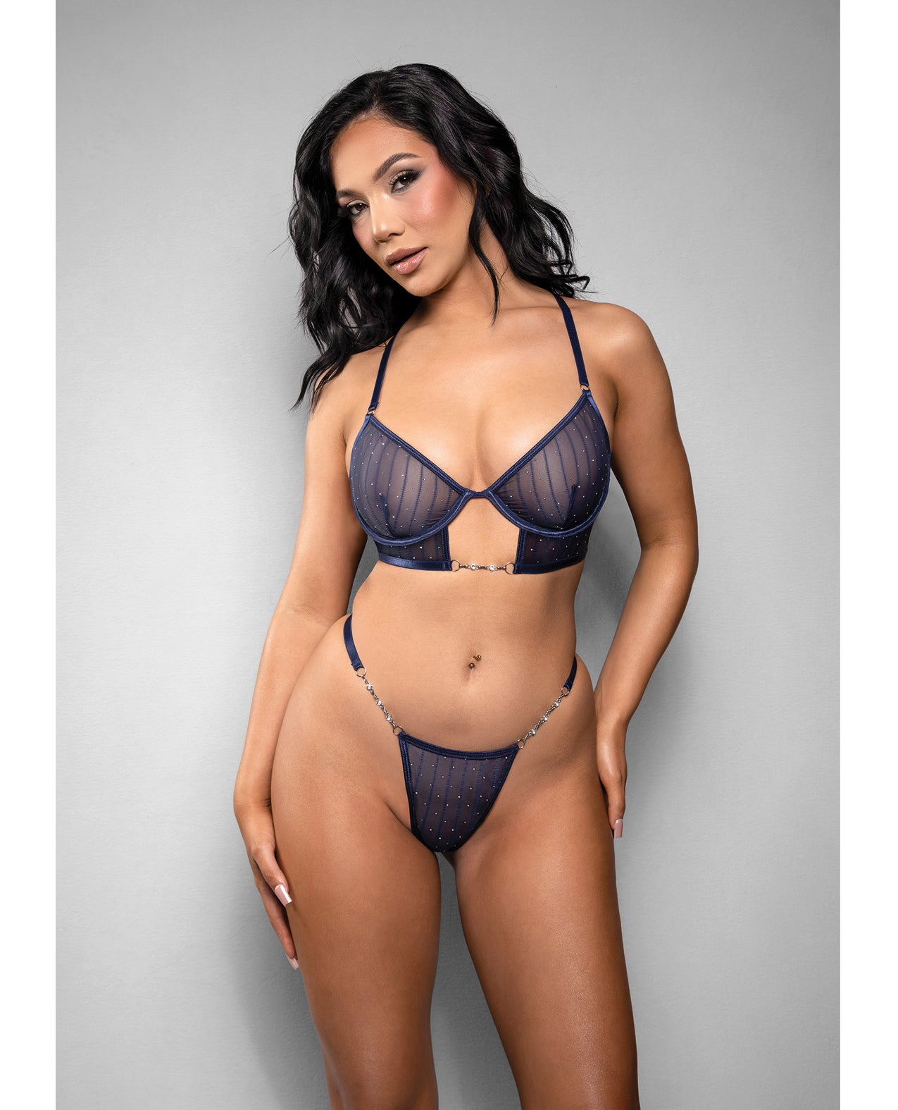 Celeste Striped Rhinestone Mesh Bra & G-String Set - Navy - Navy Large/XLarge