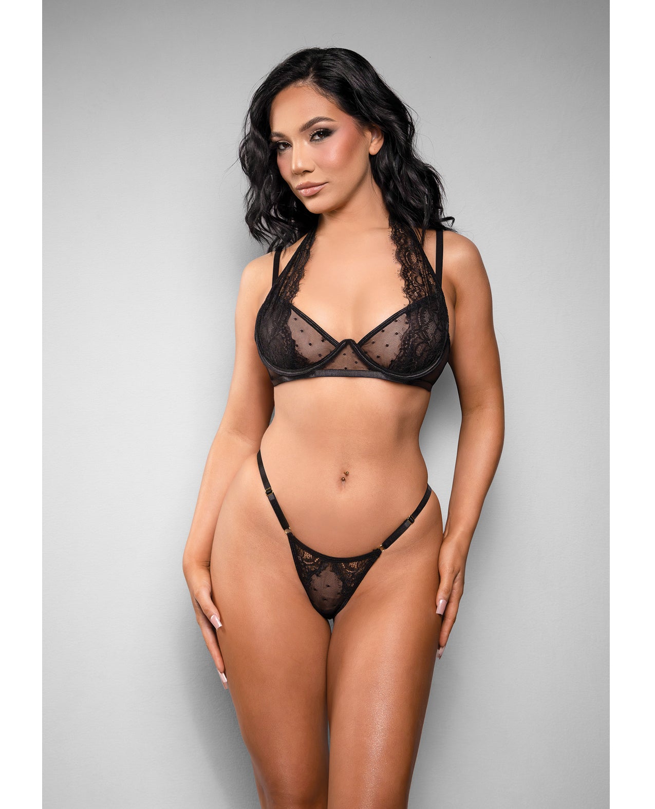 Vivienne Swiss Dot Mesh & Lace Bra & Panty Set - Black - Black Small/Medium