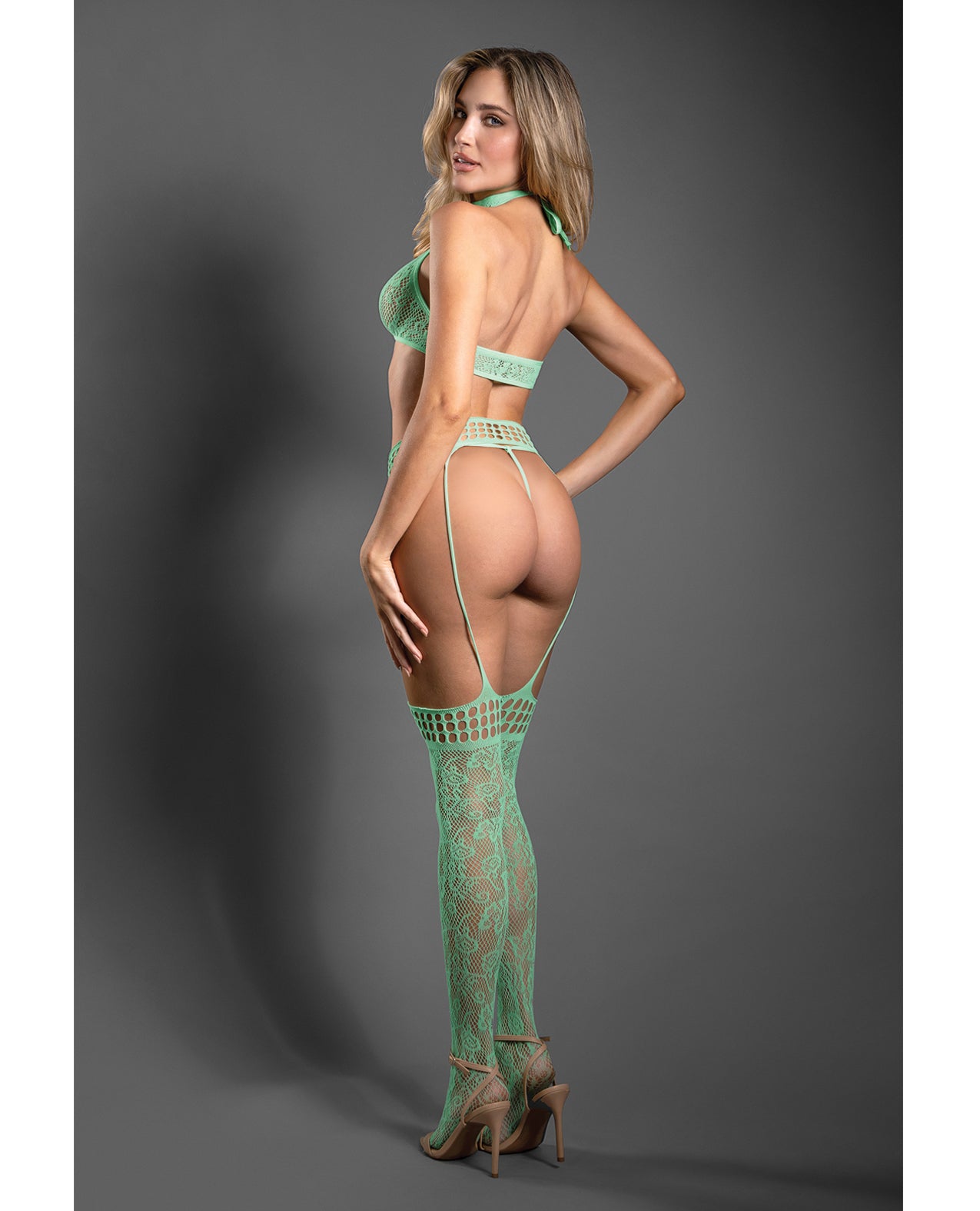Heart of Glass Lace Halter Top, G-String & Stockings Set - Mint - additional view