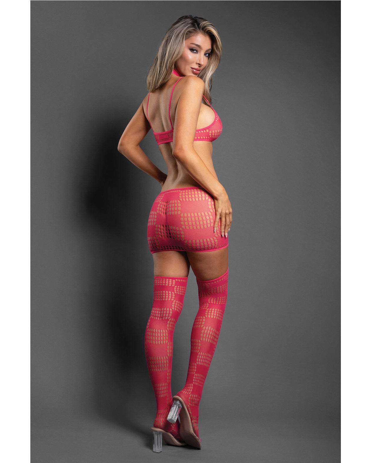 Unmatched Bralette & Harness Skirt Bodystocking Set - Hot Pink - additional view